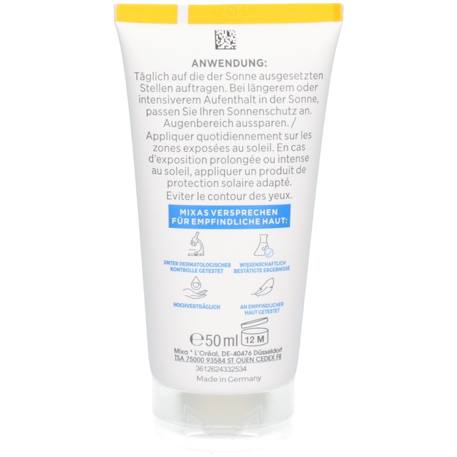 Rückseite einer Mixa Niacinamide Bright Creme Tube mit Anwendungshinweisen und Inhaltsstoffen.