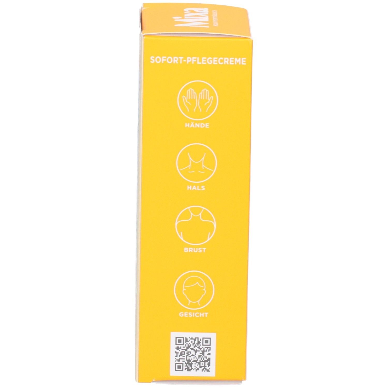 Seite der Mixa Niacinamide Bright Creme Umverpackung mit Inhaltsstoffliste.
