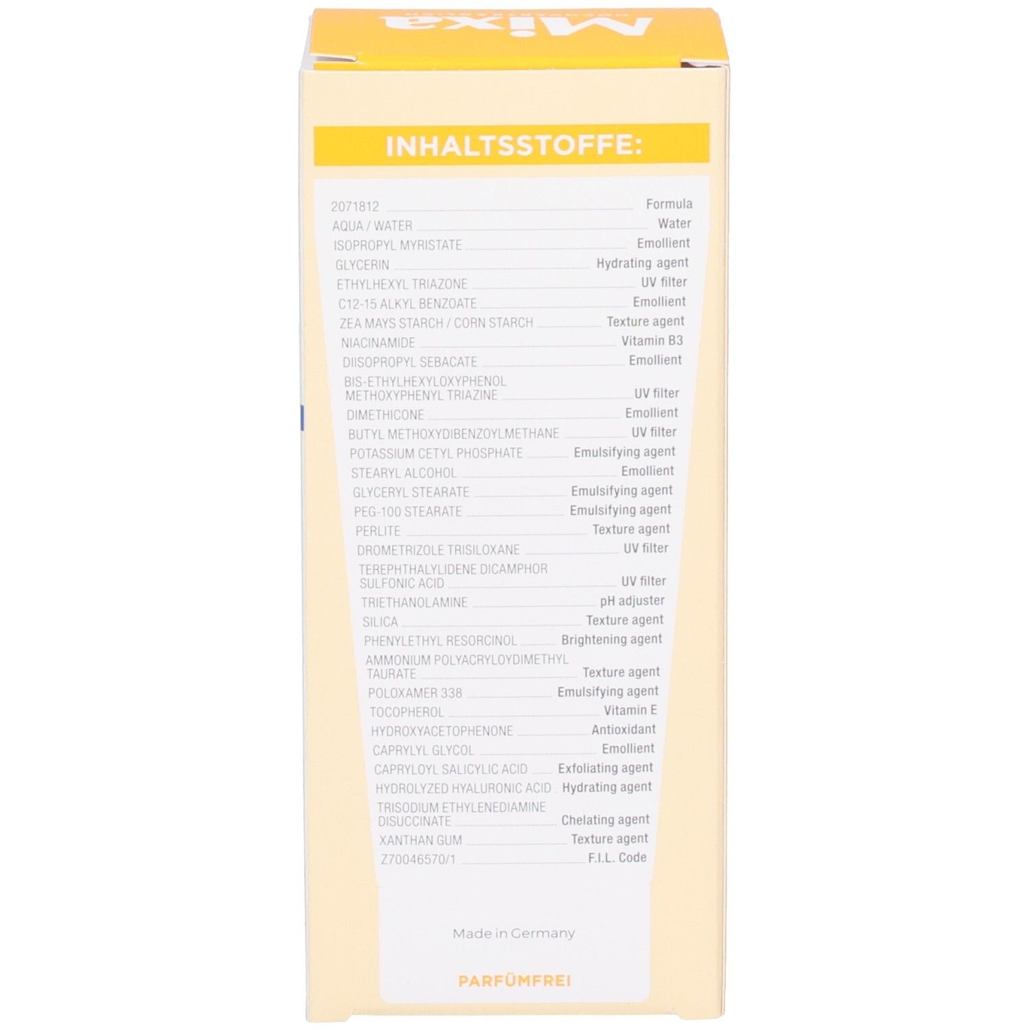 Rückseite der Mixa Niacinamide Bright Creme Verpackung mit Inhaltsstoffen.