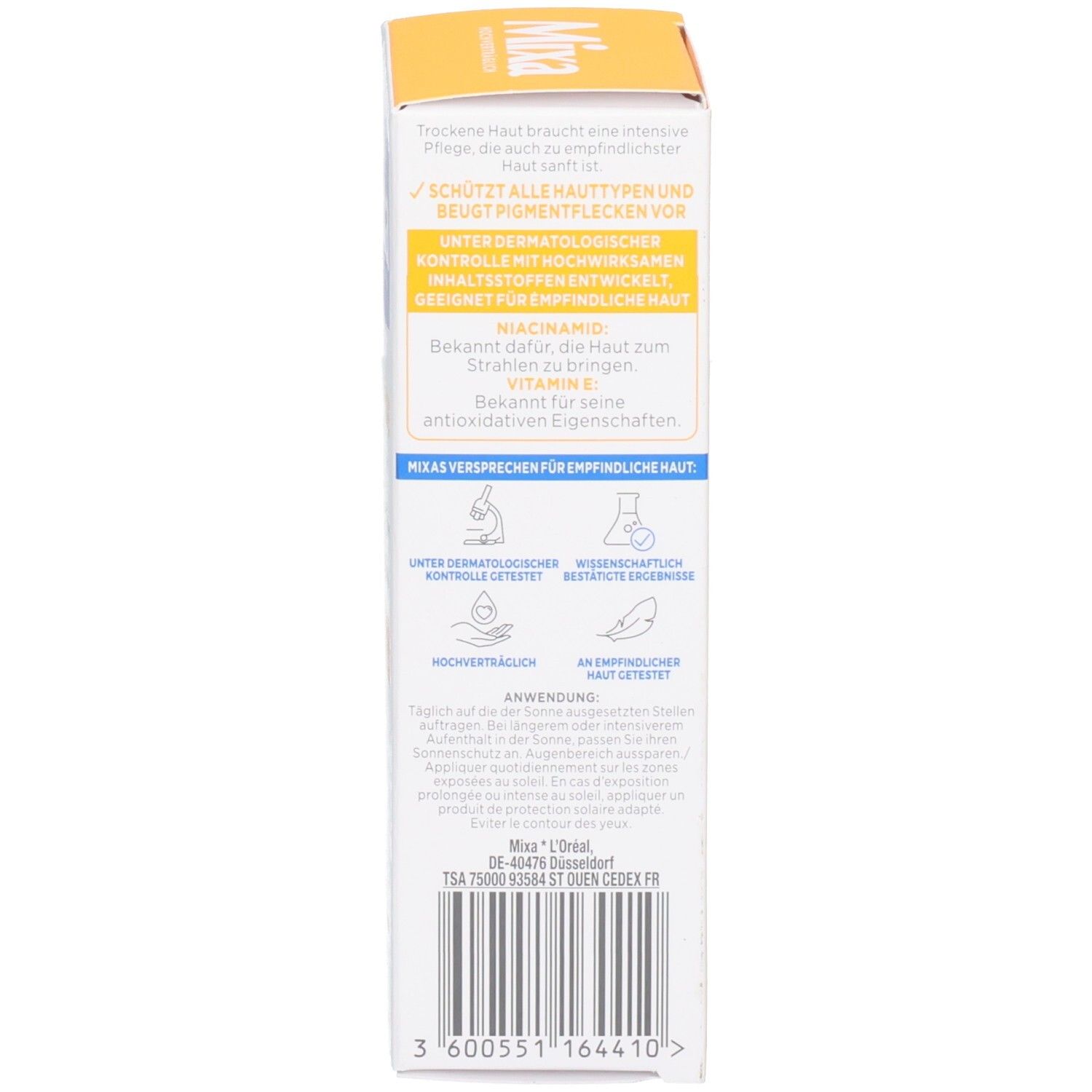 Seite der Mixa Niacinamide Bright Creme Verpackung mit Anwendungshinweisen.