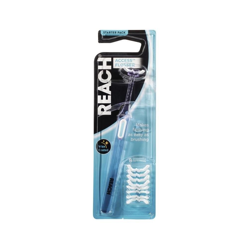 Emballage REACH Access Flosser. Manche bleu, fil blanc. Contient 6 recharges. Inscription 'Starter Pack'.