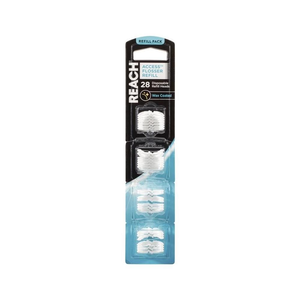 Paquet de 28 recharges Access Flosser. Têtes de fil dentaire blanches cirées. Emballage noir et bleu avec nom du produit.