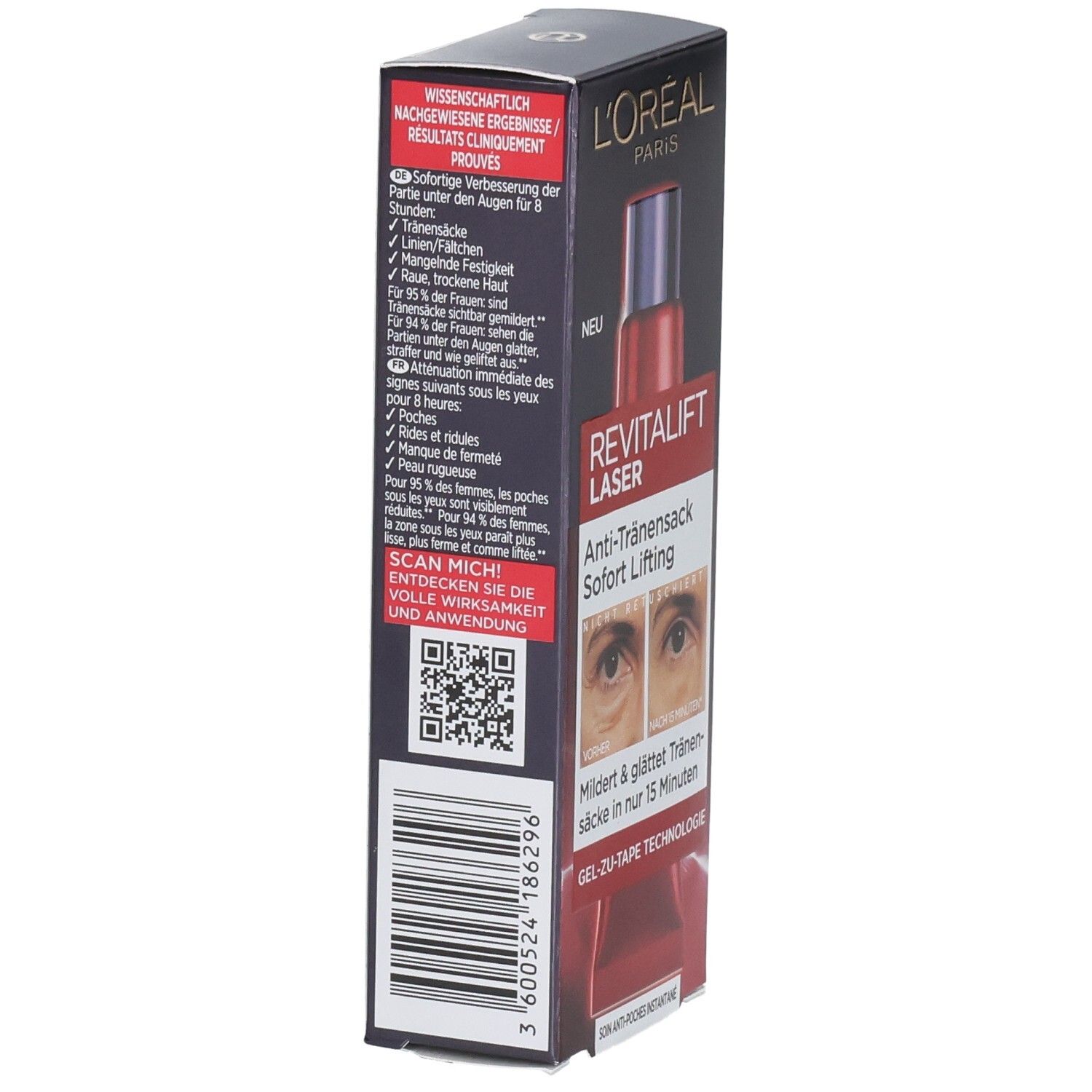 Rückseite der L'Oréal Revitalift Laser Augenpflege-Verpackung mit wissenschaftlichen Ergebnissen und QR-Code.