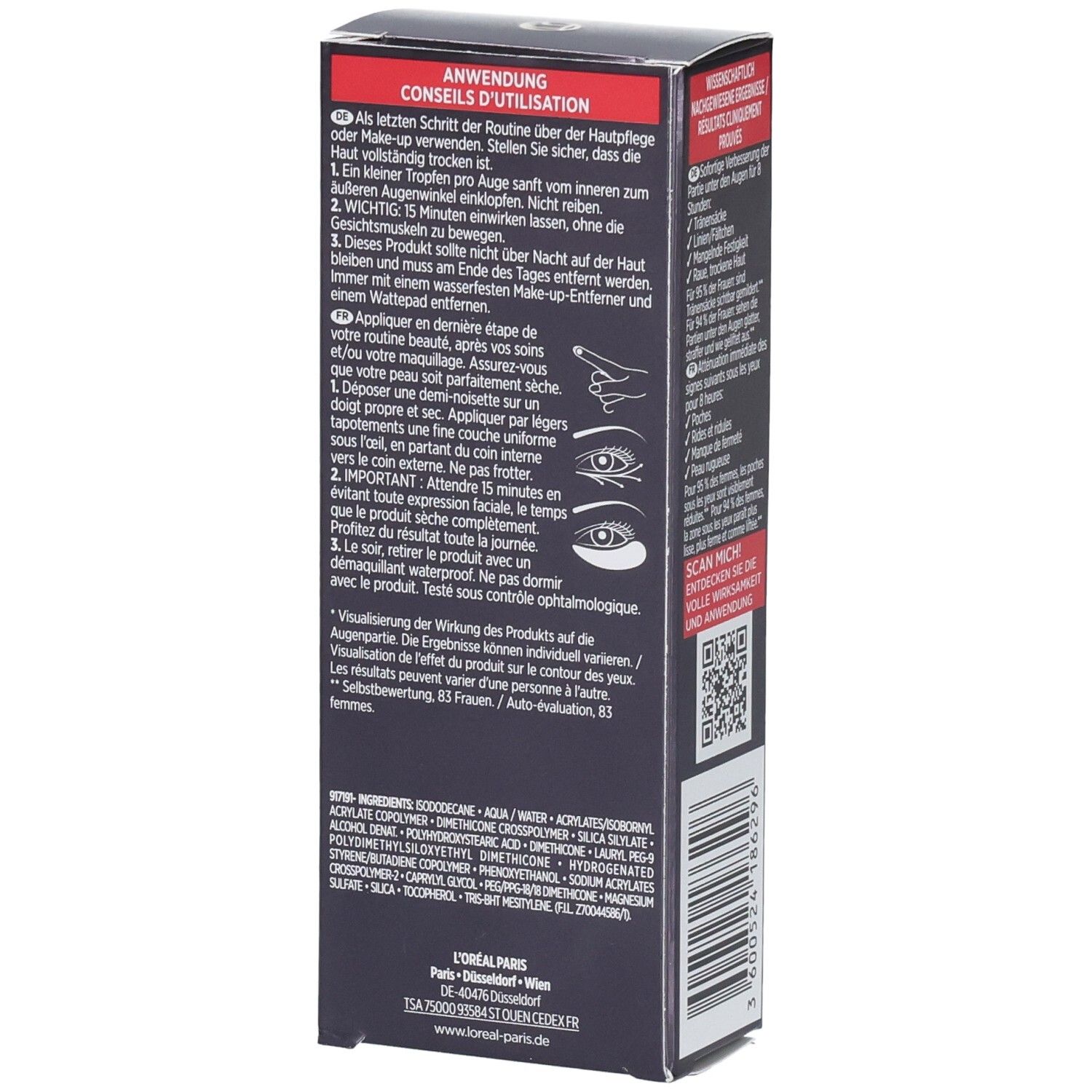 Seitenansicht der L'Oréal Revitalift Laser Augenpflege-Verpackung mit Anwendungshinweisen und Inhaltsstoffen.