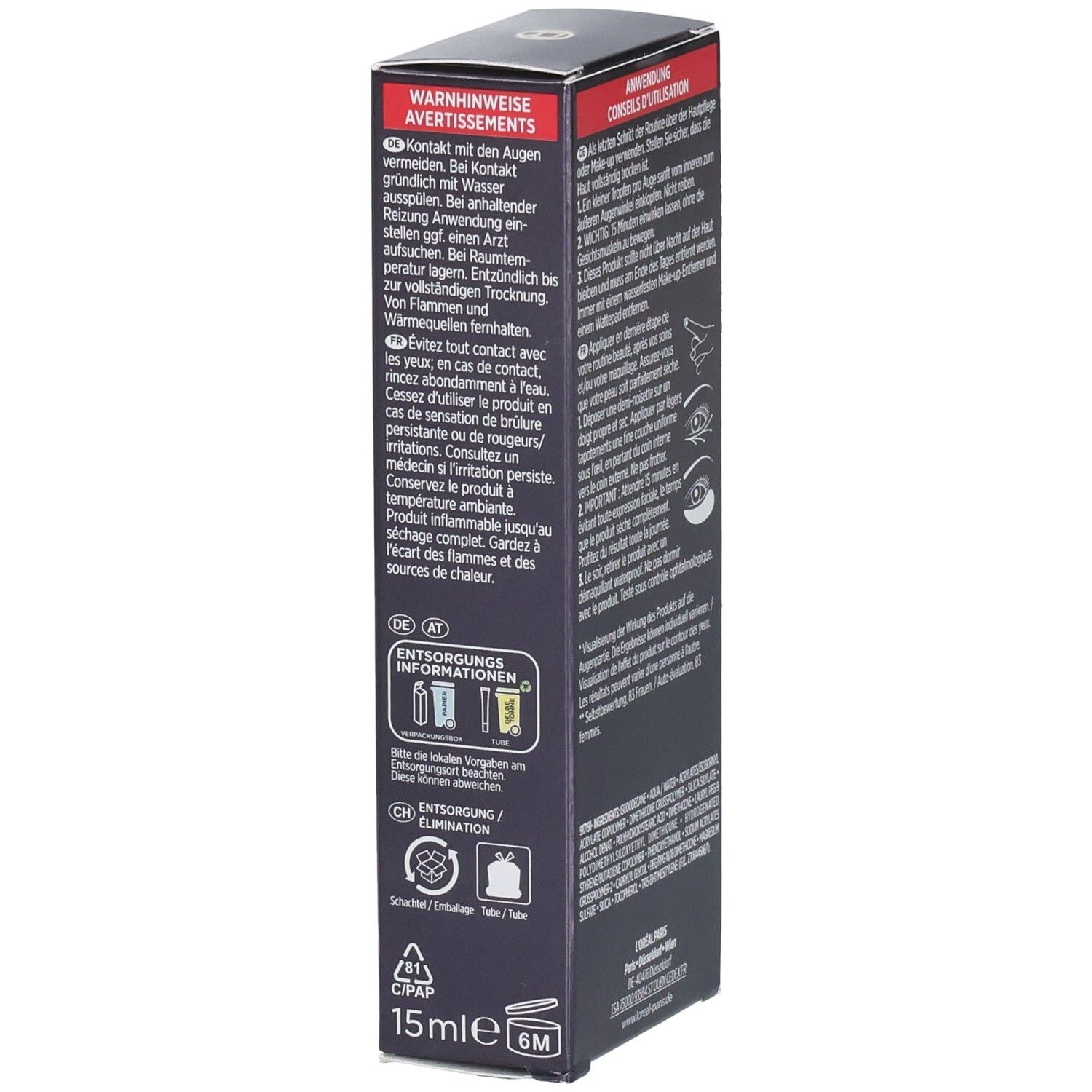 Seitenansicht der L'Oréal Revitalift Laser Augenpflege-Verpackung mit Warnhinweisen und Entsorgungsinformationen.