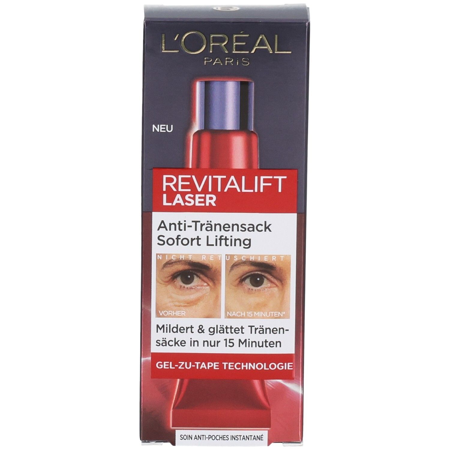 L'Oréal Revitalift Laser Augenpflege-Verpackung mit rotem Applikator und Vorher/Nachher-Bildern.