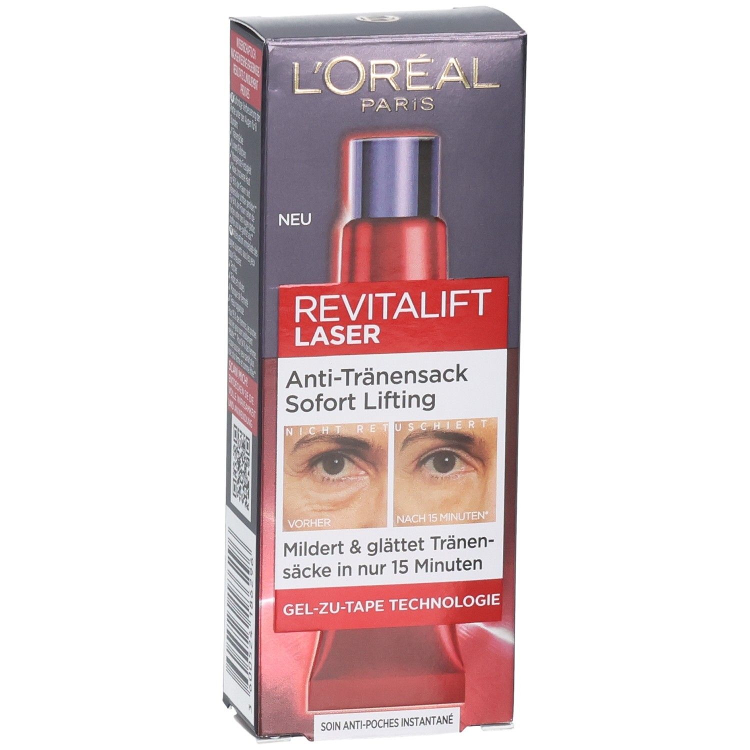 L'Oréal Revitalift Laser Augenpflege-Verpackung mit rotem Applikator und Vorher/Nachher-Bildern.