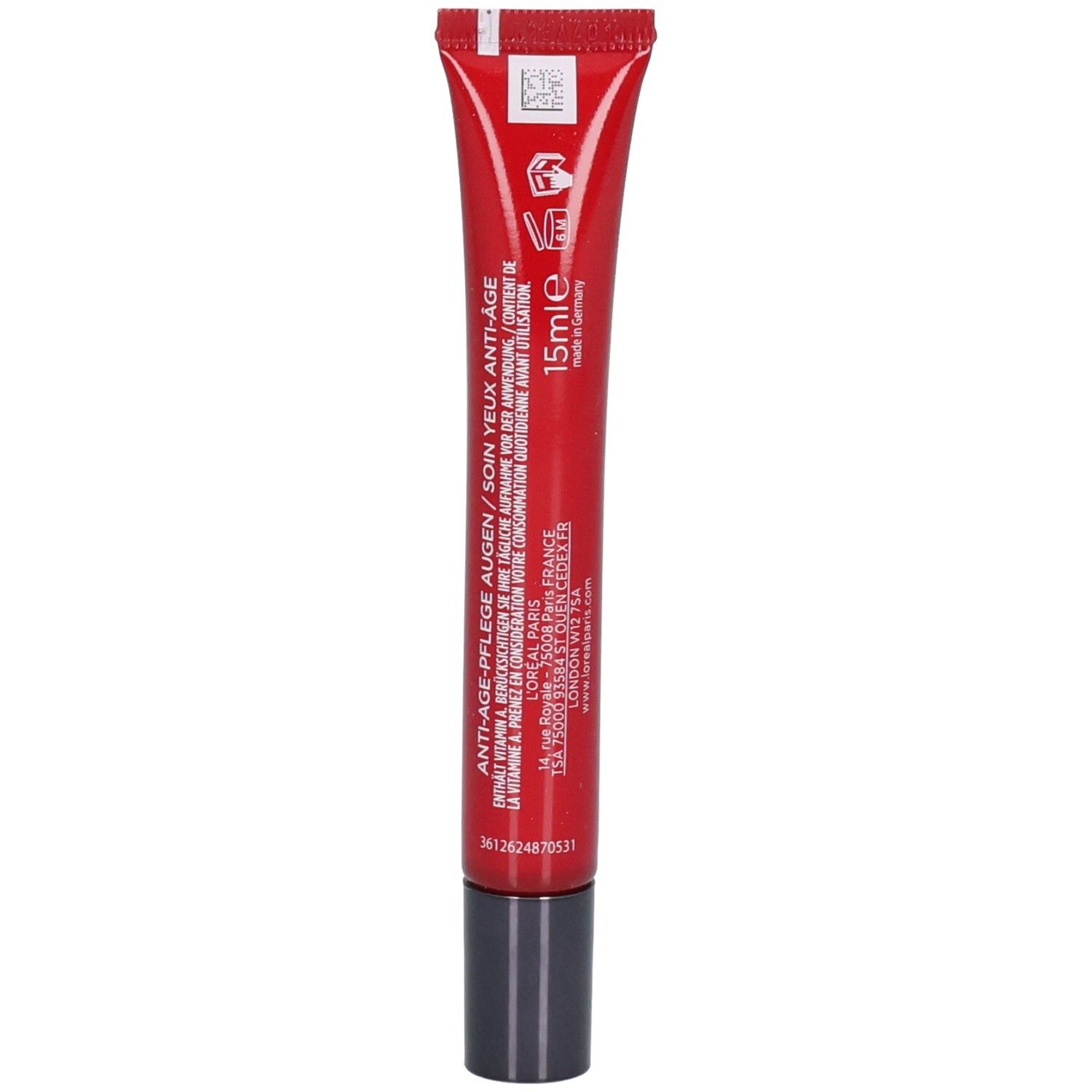 Rückseite einer roten Tube mit L'Oréal Paris Revitalift Laser, 15ml und Anwendungshinweisen.