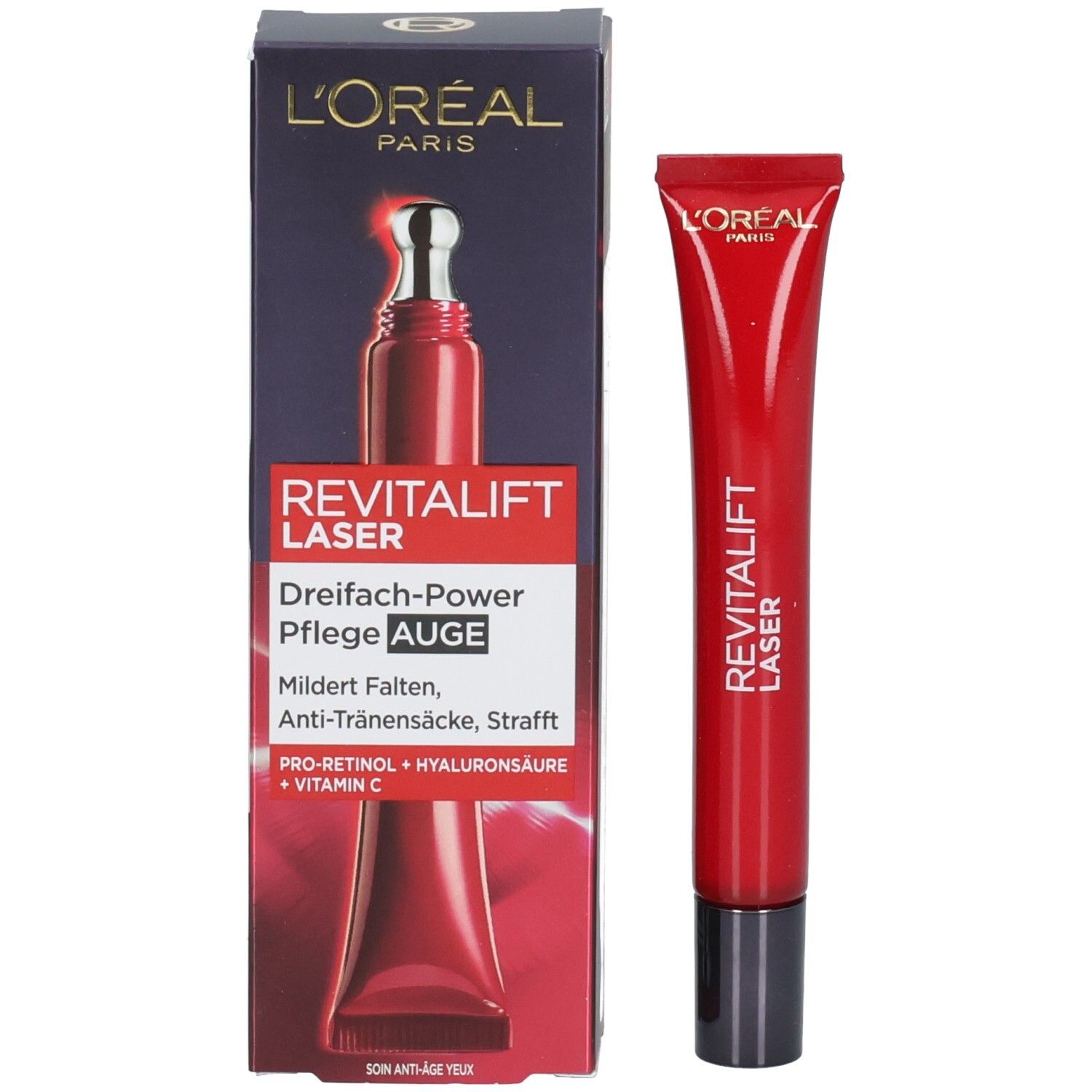 L'Oréal Paris Revitalift Laser Augenpflege in roter Tube und Verpackung.