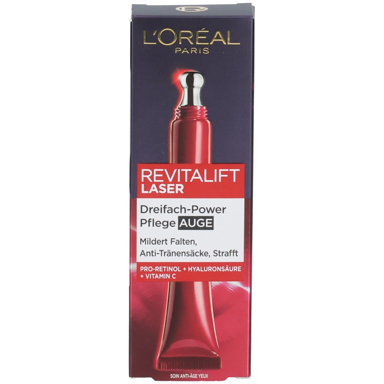 Verpackung und rote Tube L'Oréal Paris Revitalift Laser Augenpflege.