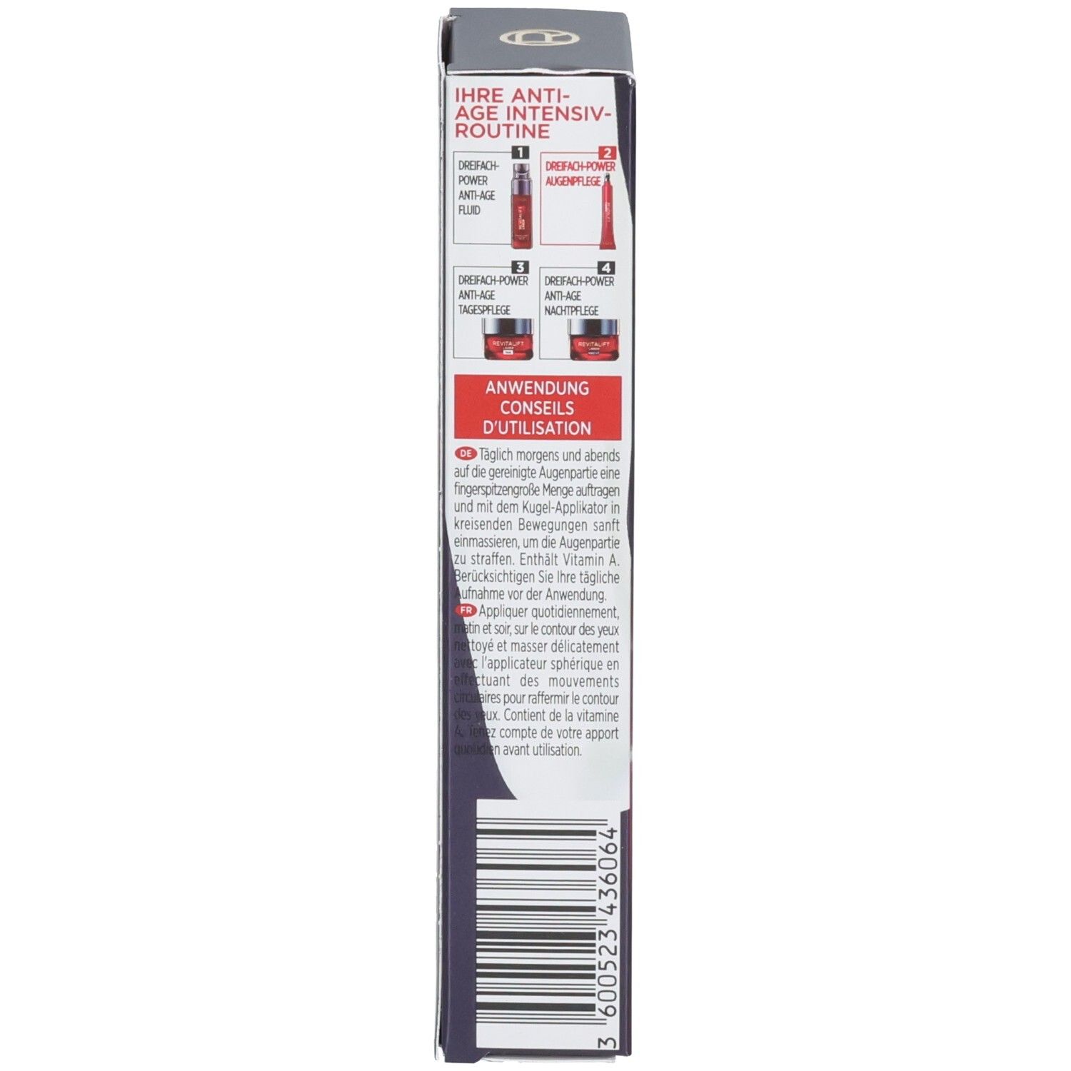 Seitenansicht der L'Oréal Paris Revitalift Laser Verpackung mit Anwendungshinweisen.