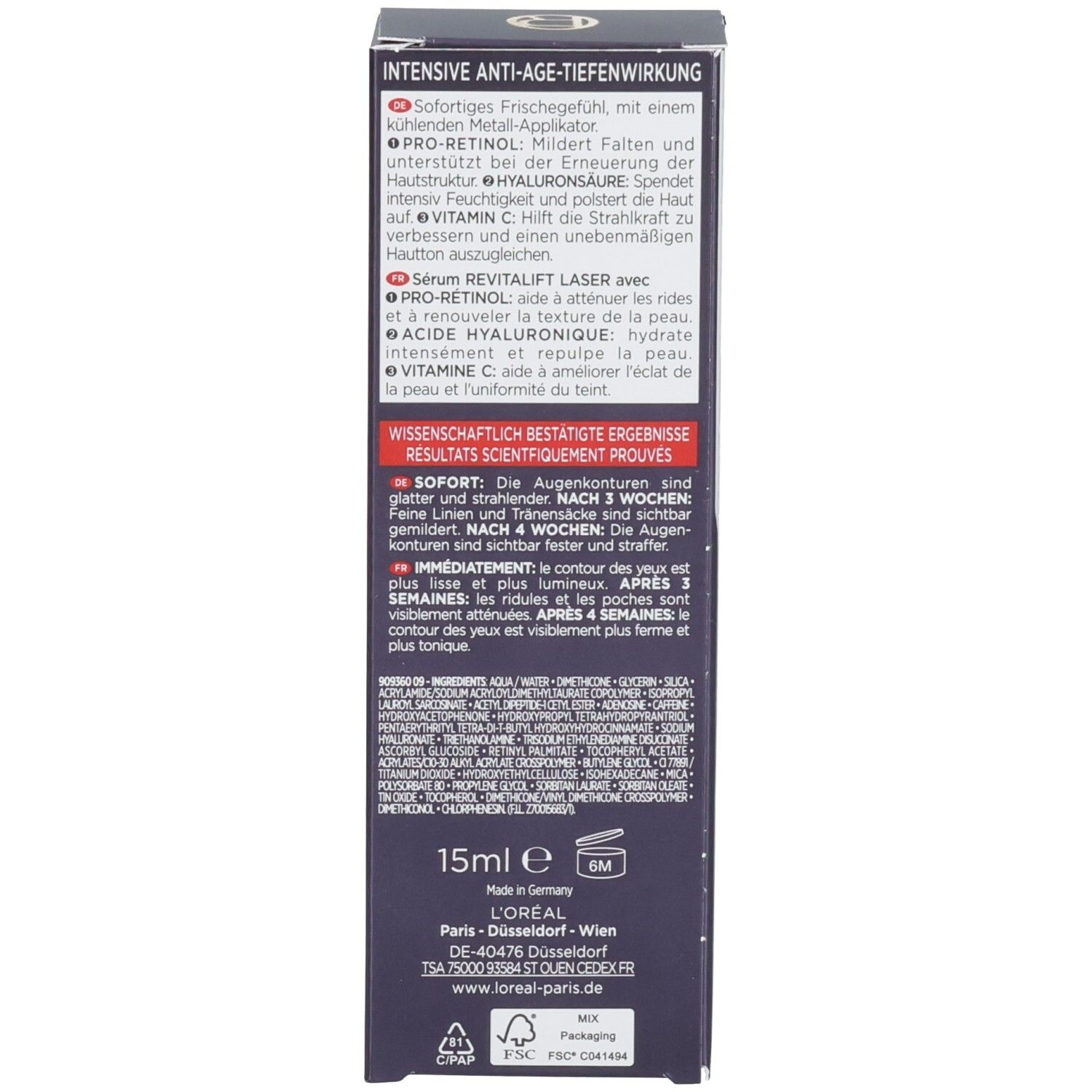 Rückseite der L'Oréal Paris Revitalift Laser Verpackung mit Produktinformationen.