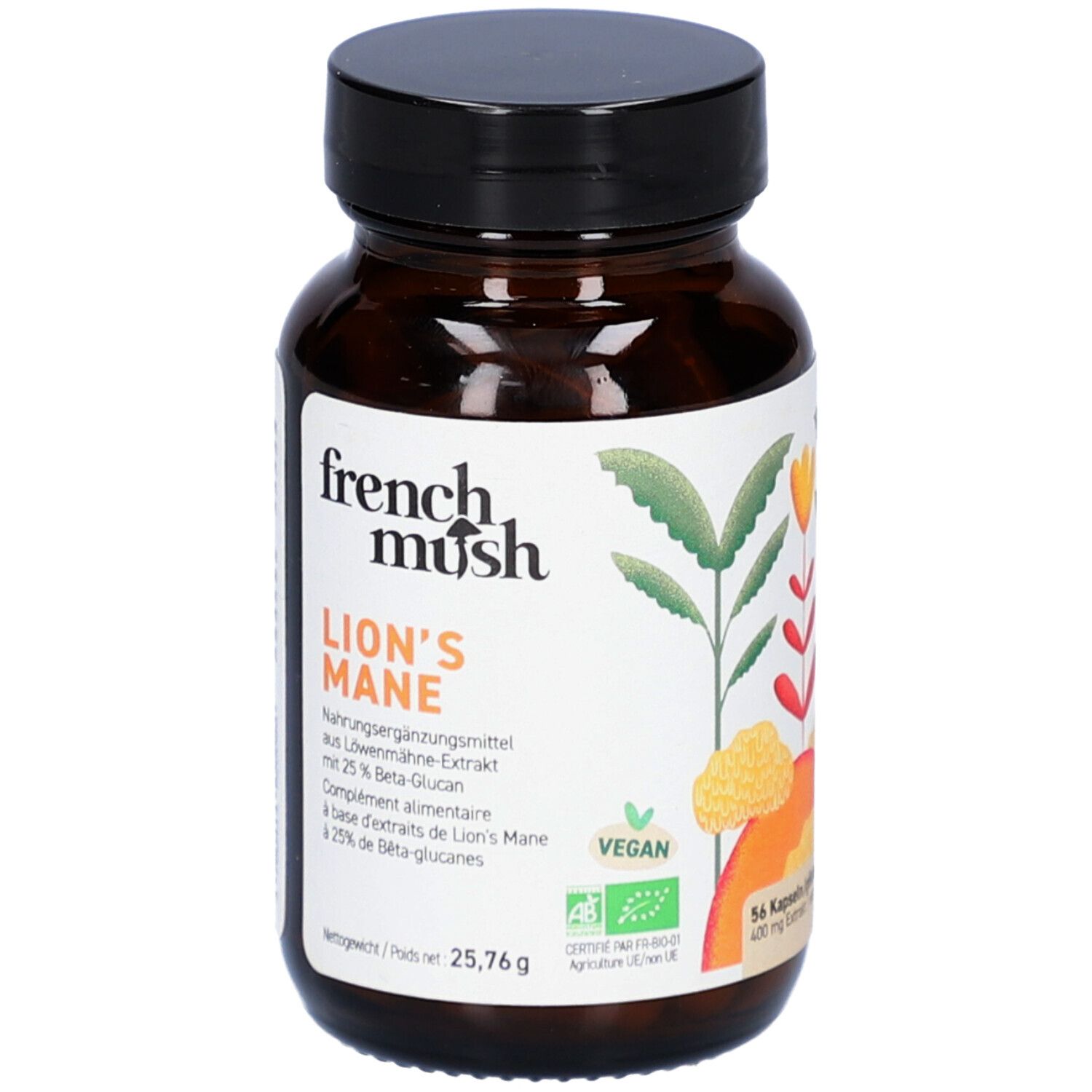 Braune Glasflasche mit schwarzem Deckel. Etikett mit "french mush" und "Lion's Mane". Vegan-Siegel.