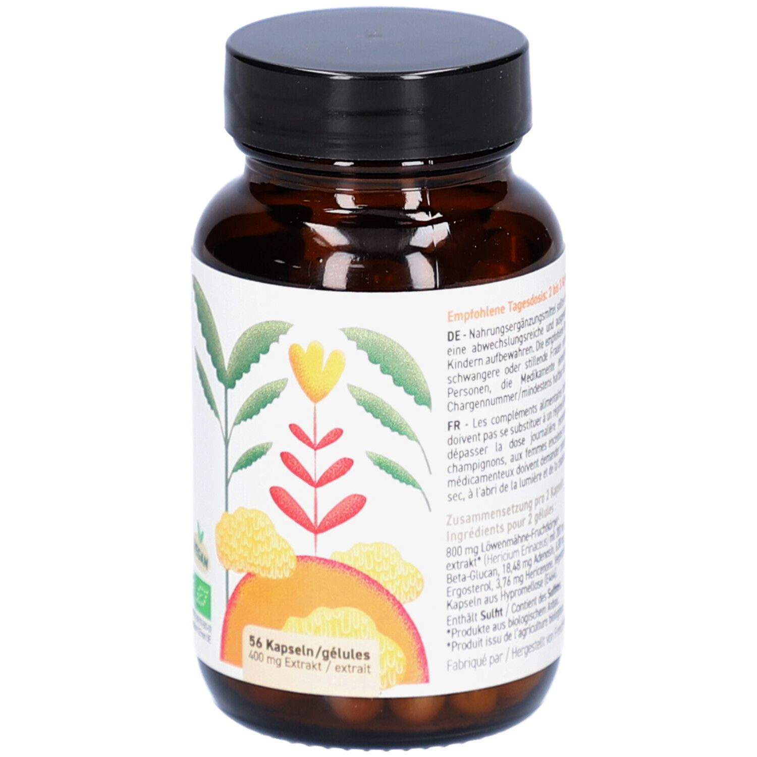 Rückseite der braunen Glasflasche. Text in mehreren Sprachen. 56 Kapseln, 400mg Extrakt.