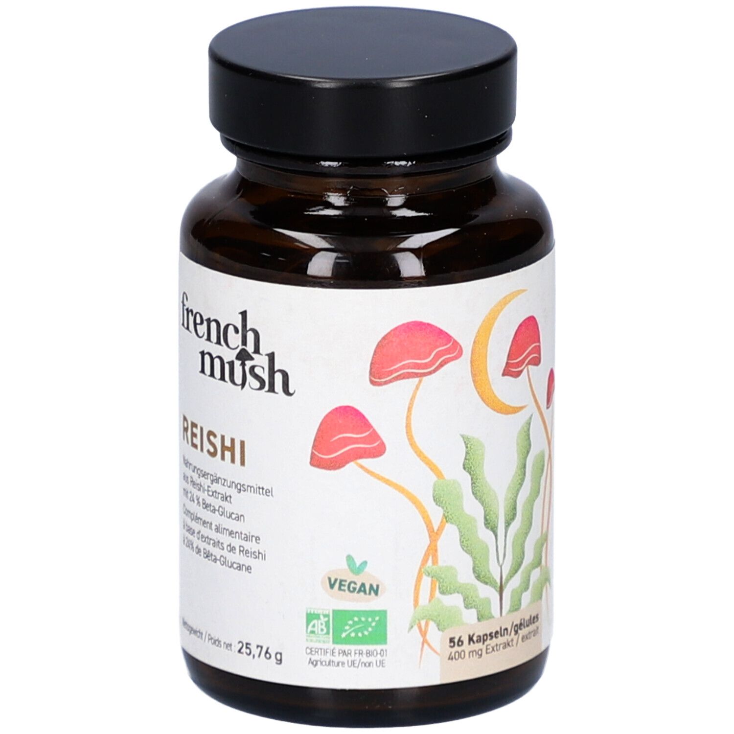 Braune Glasflasche mit schwarzem Deckel. Aufschrift: French Mush Reishi. Vegan-Siegel. 56 Kapseln.