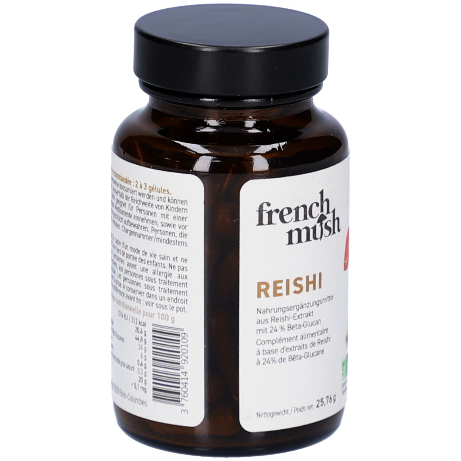 Braune Glasflasche mit schwarzem Deckel. Rückseite mit Text. Barcode. French Mush Reishi. Nettogewicht 25,76 g.