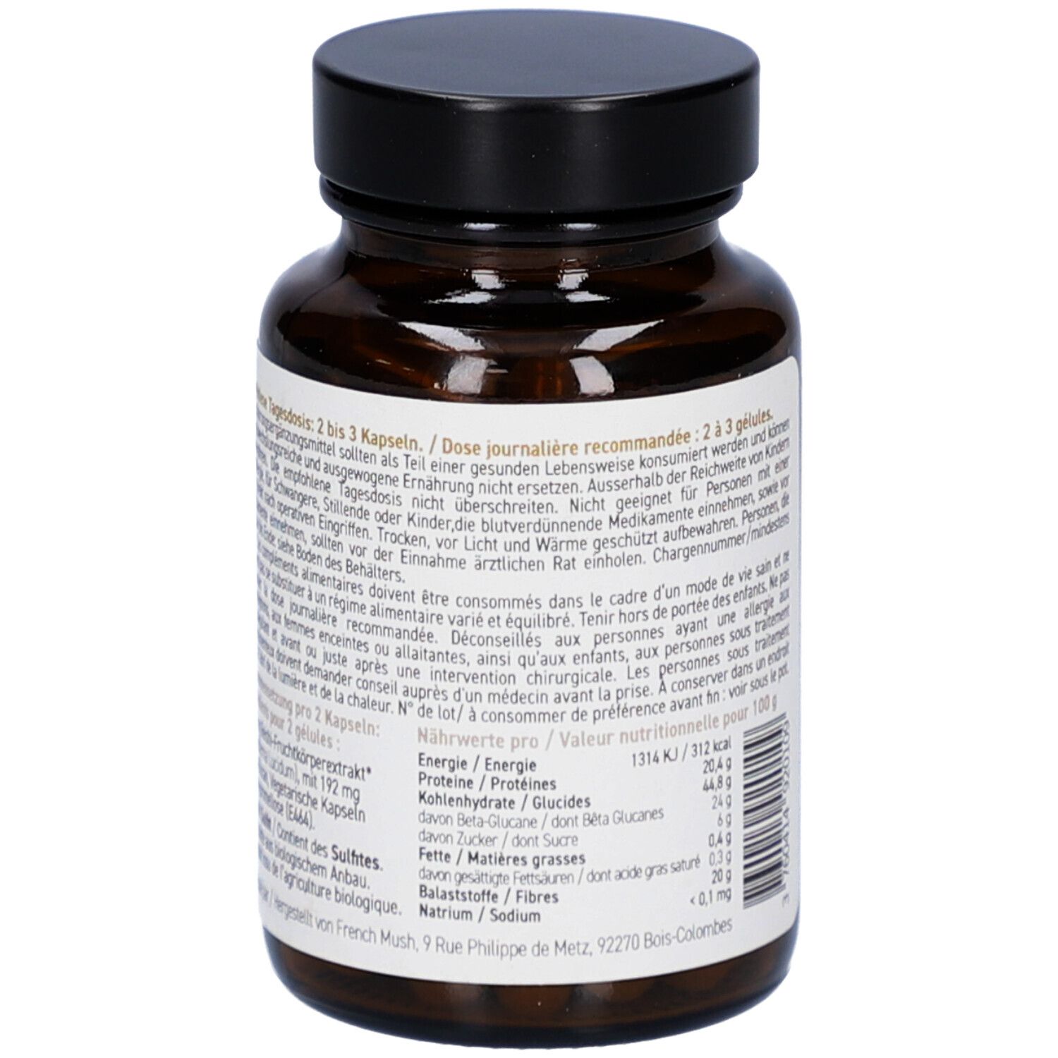 Braune Glasflasche mit schwarzem Deckel. Rückseite mit Text. Nährwertangaben. French Mush Reishi. 25,76 g.