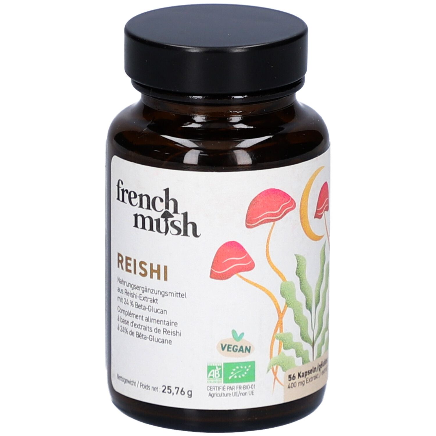 Braune Glasflasche mit schwarzem Deckel. Aufschrift: French Mush Reishi. Vegan-Siegel. 56 Kapseln.