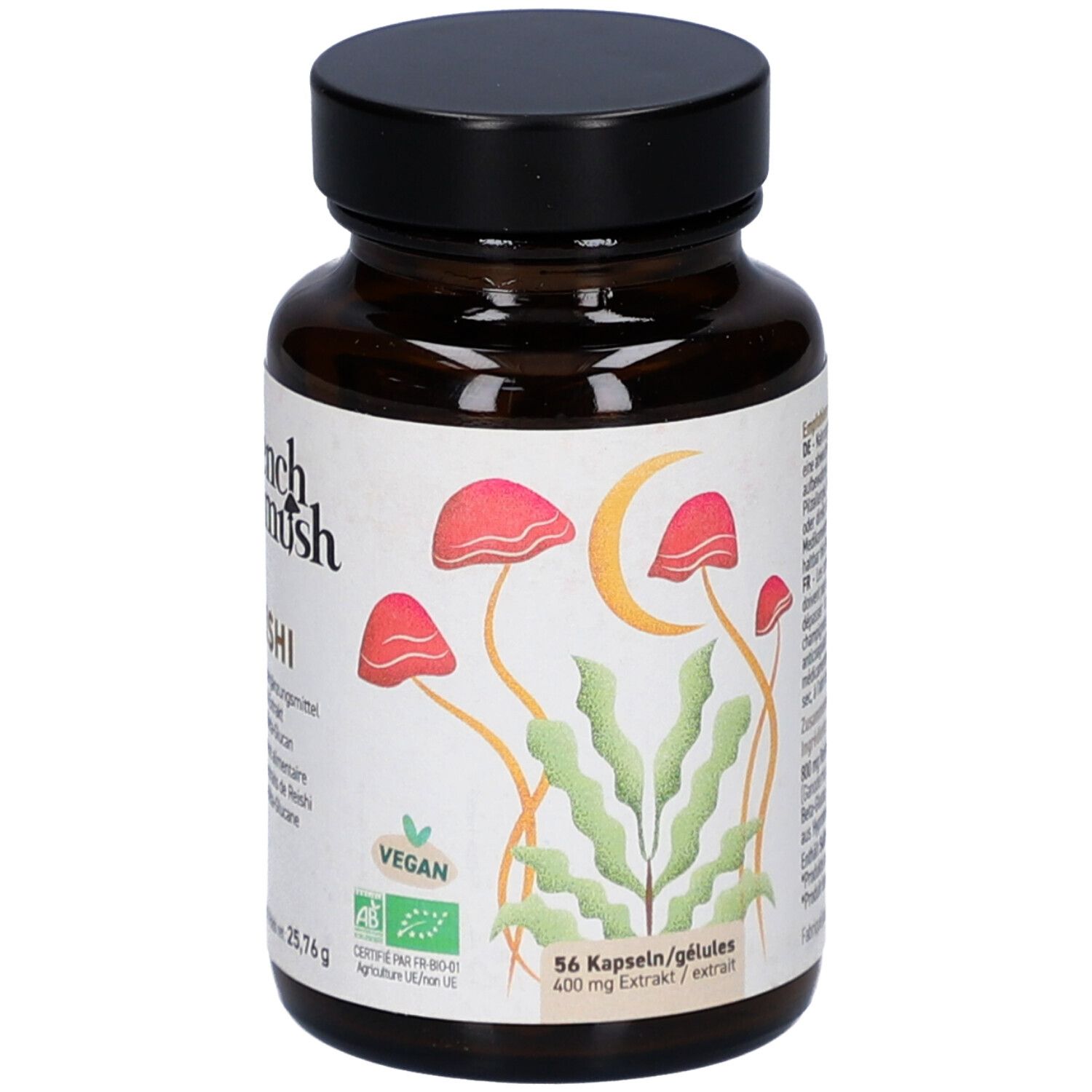 Braune Glasflasche mit schwarzem Deckel. Aufschrift: French Mush Reishi. Vegan-Siegel. 56 Kapseln.