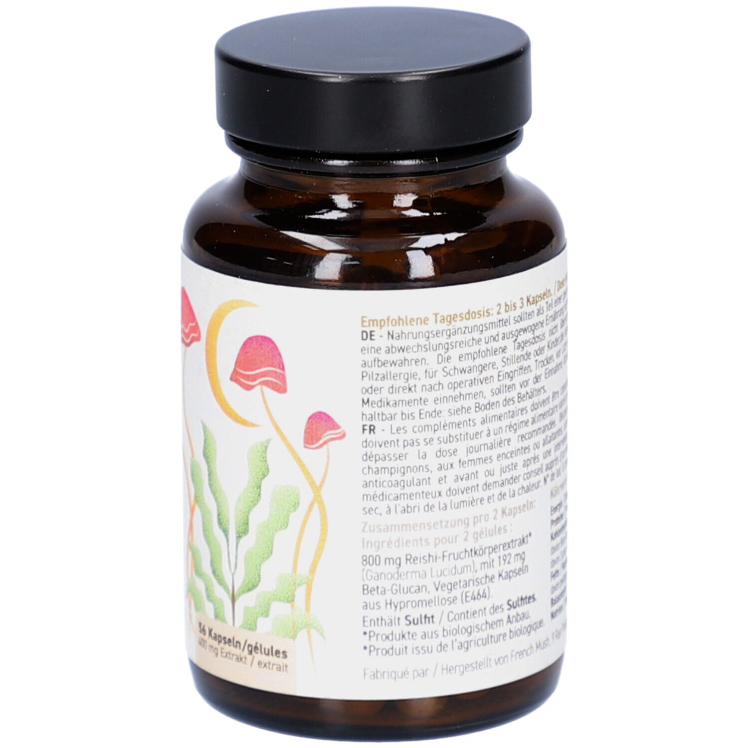 Braune Glasflasche mit schwarzem Deckel. Rückseite mit Text. French Mush Reishi. 56 Kapseln/Gélules.