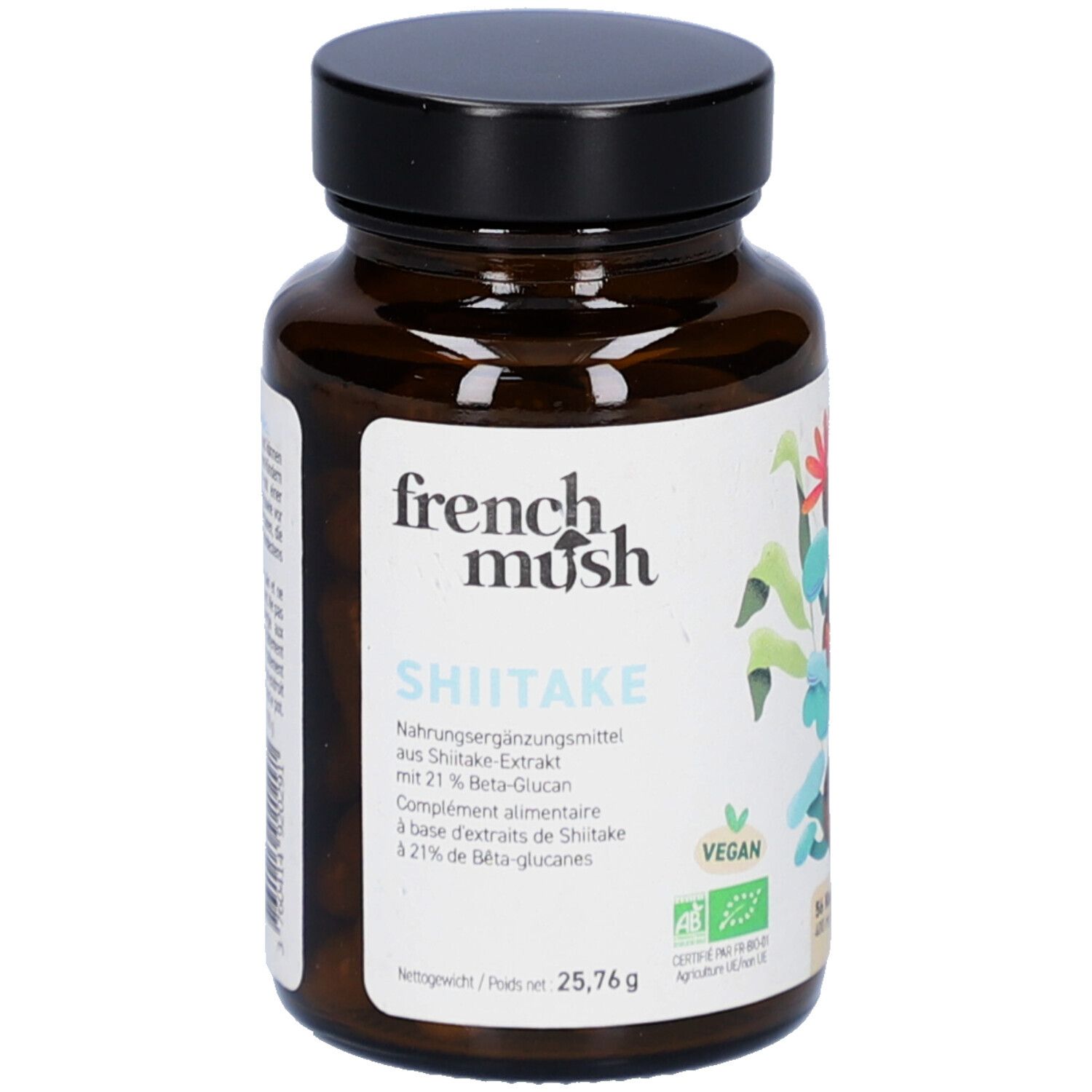 Braune Glasflasche mit schwarzen Deckel. Etikett mit "french mush SHIITAKE". Vegan-Siegel. 25,76g Nettogewicht.