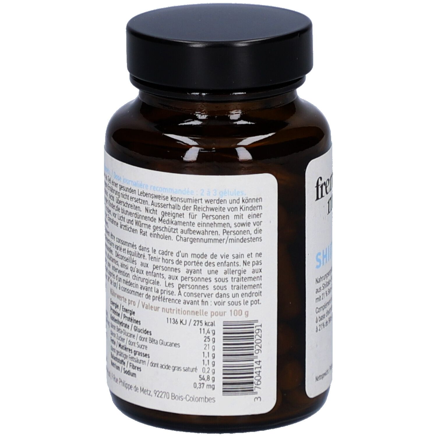 Braune Glasflasche mit schwarzem Deckel. Rückseite mit Text. Nährwertangaben. Chargennummer. Vegan-Siegel.