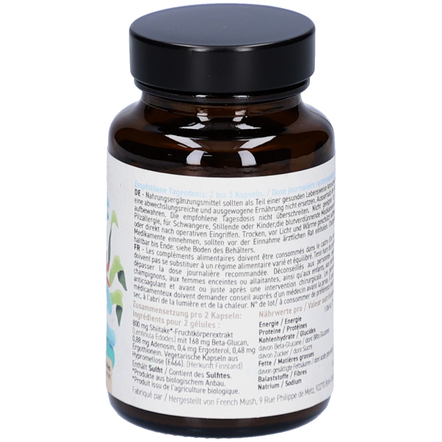 Braune Glasflasche mit schwarzem Deckel. Rückseite mit Text. Zutatenliste. Vegan-Siegel. Bio-Siegel.