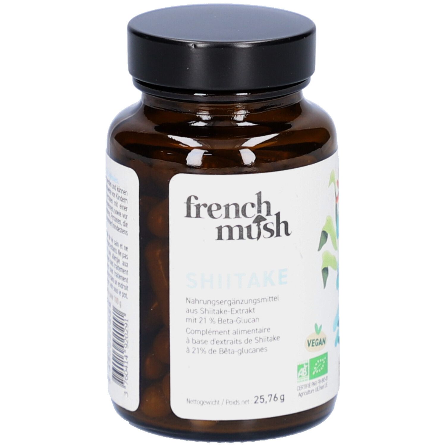 Braune Glasflasche mit schwarzen Deckel. Etikett mit "french mush SHIITAKE". Kapseln sichtbar. Vegan-Siegel.