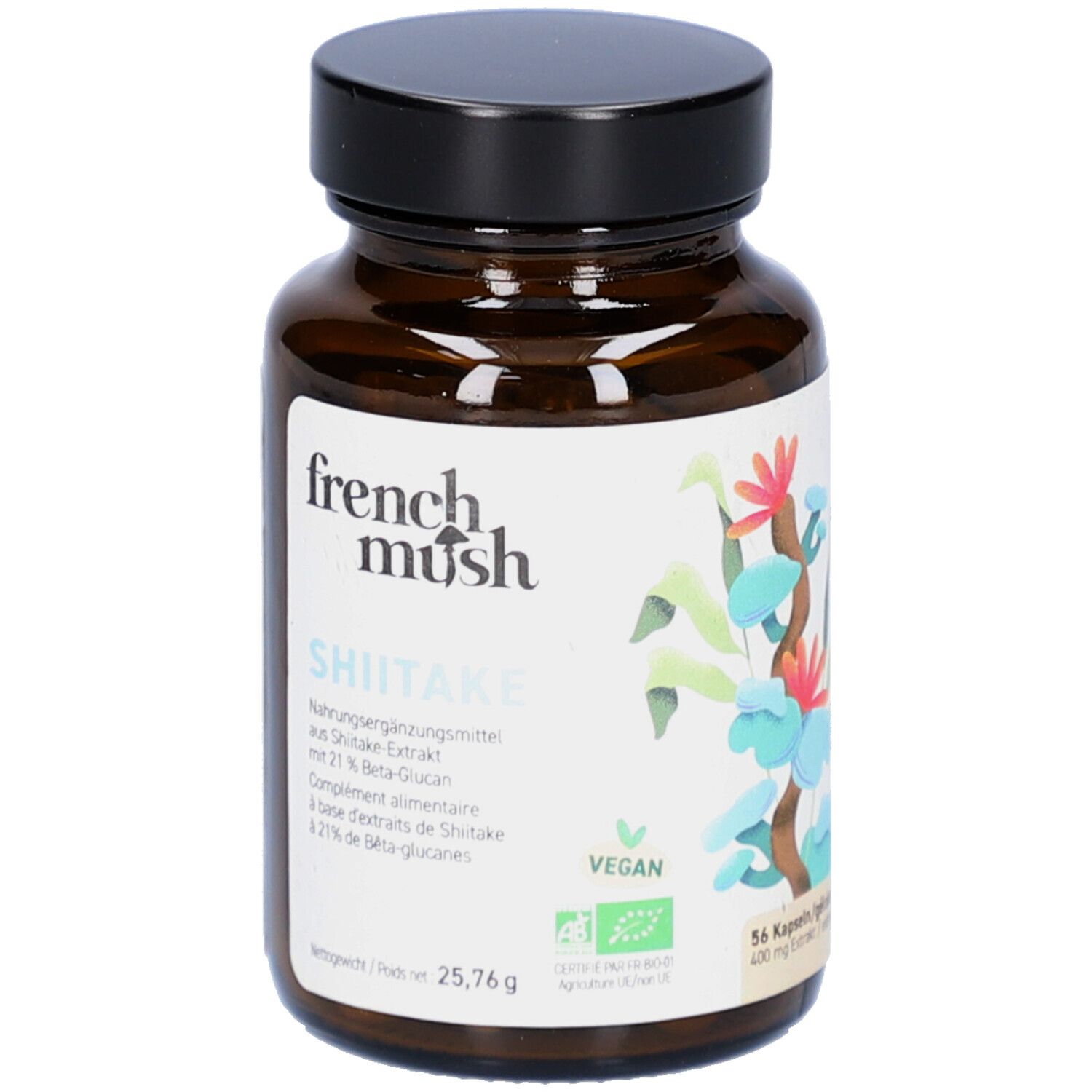 Braune Glasflasche mit schwarzem Deckel. Etikett mit "french mush SHIITAKE". 56 Kapseln. Vegan-Siegel. 25,76g Nettogewicht.