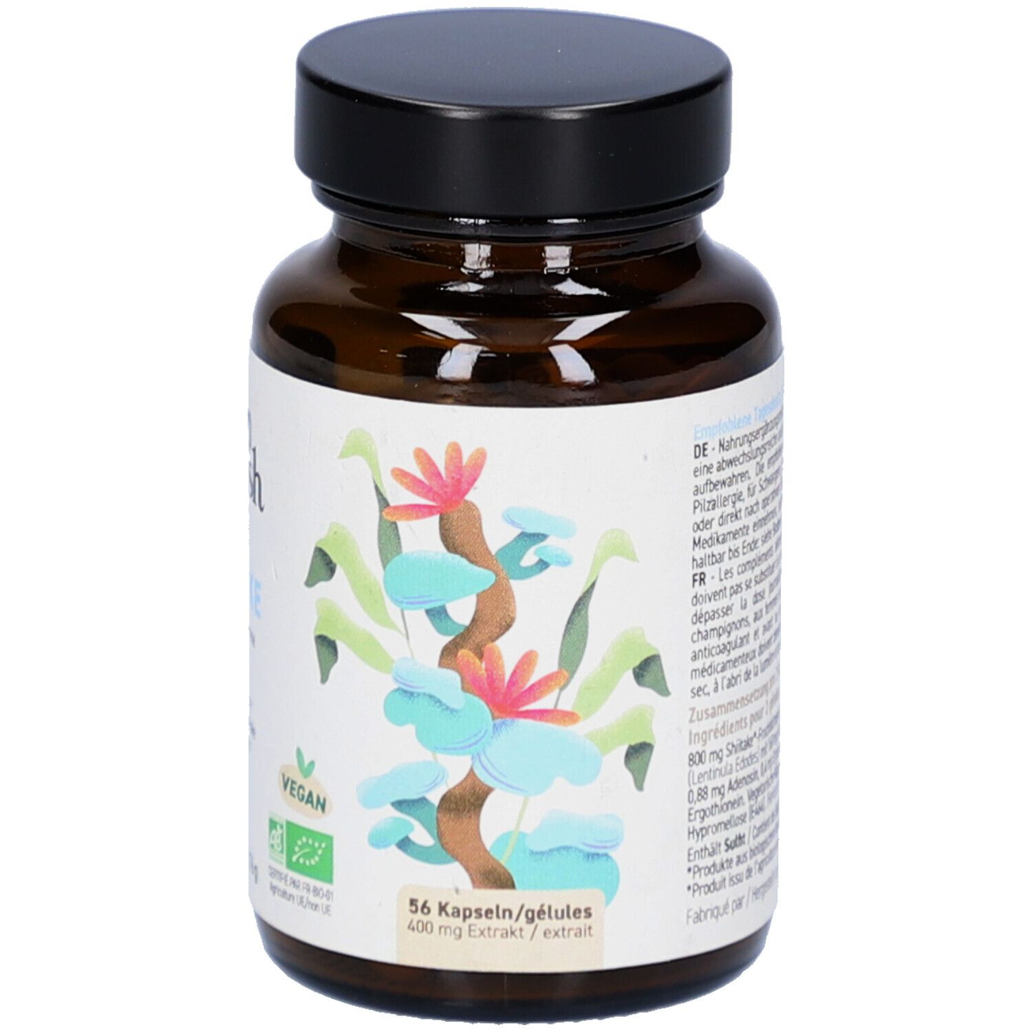 Braune Glasflasche mit schwarzem Deckel. Rückseite mit Text. 56 Kapseln/gélules. 200 mg Extrakt. Vegan-Siegel.