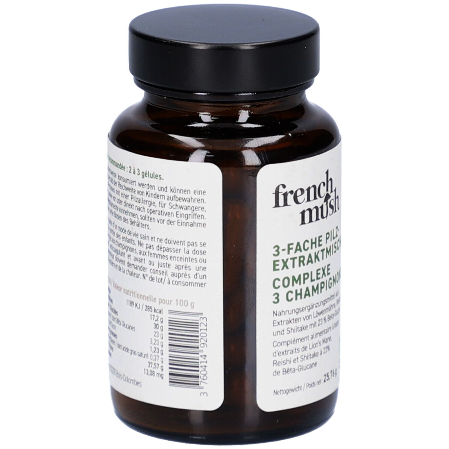 Dos du flacon en verre brun. Texte avec informations nutritionnelles et code-barres. Inscription: French Mush, mélange d'extraits de champignons.