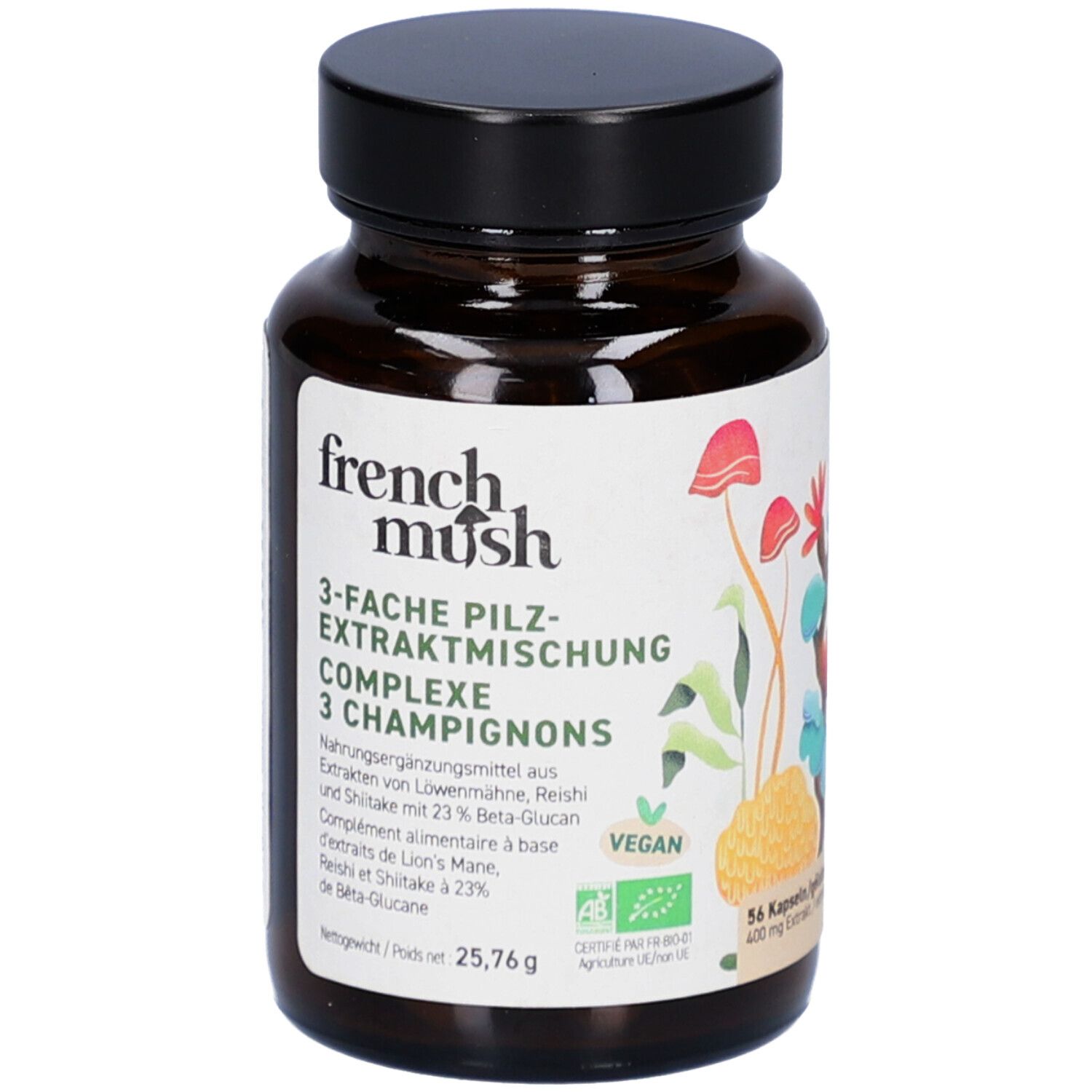 Flacon en verre brun avec capsules. Inscription: French Mush, mélange d'extraits de champignons, 56 capsules. Label Vegan.