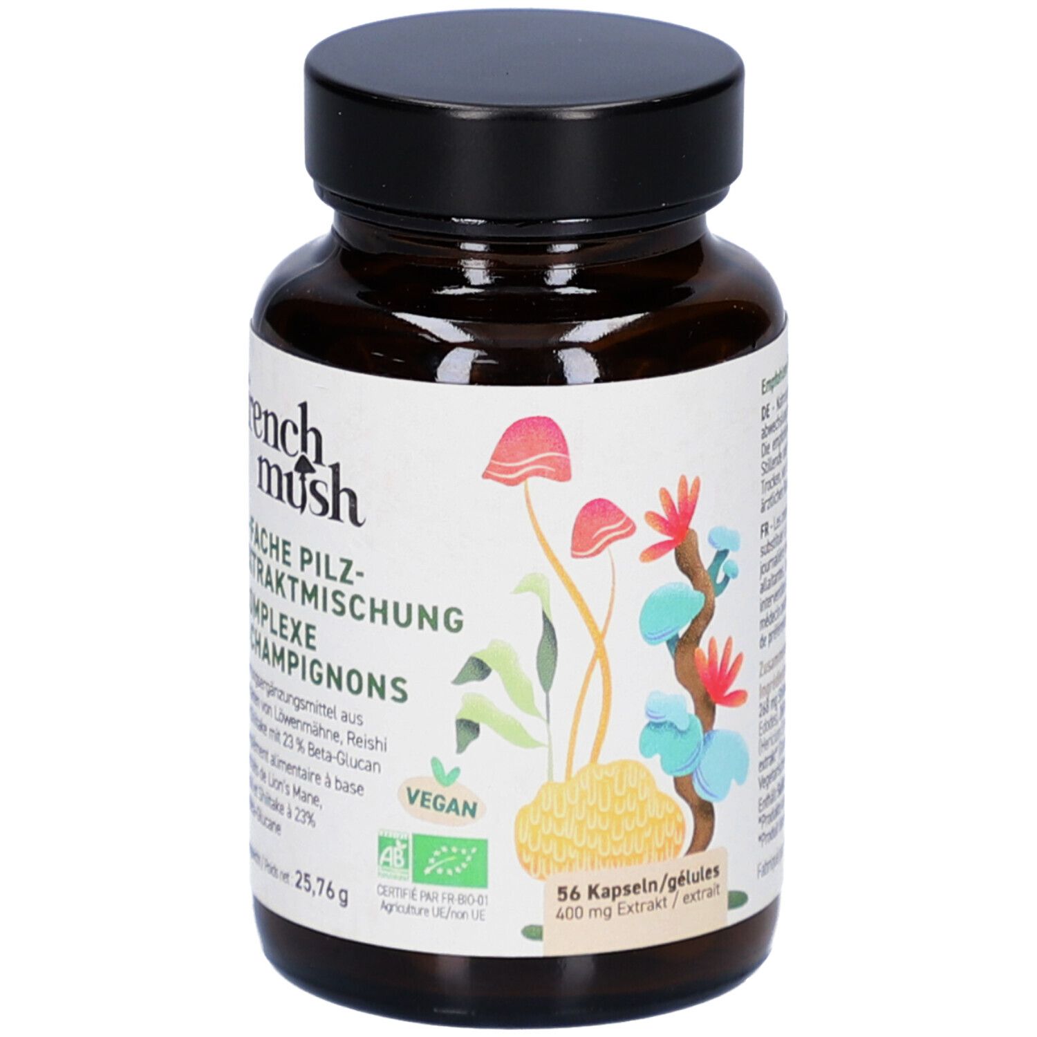 Flacon en verre brun avec capsules. Inscription: French Mush, mélange d'extraits de champignons, 56 capsules. Label Vegan.