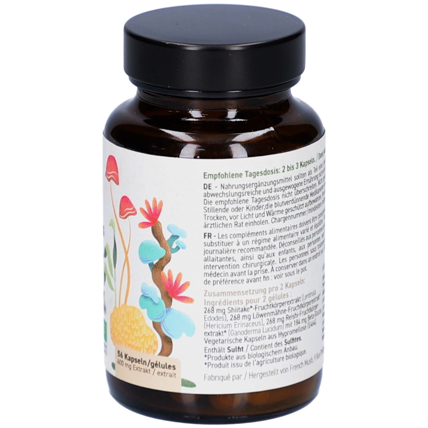 Dos du flacon en verre brun. Texte avec recommandation de dosage et ingrédients. Inscription: French Mush, 56 capsules.