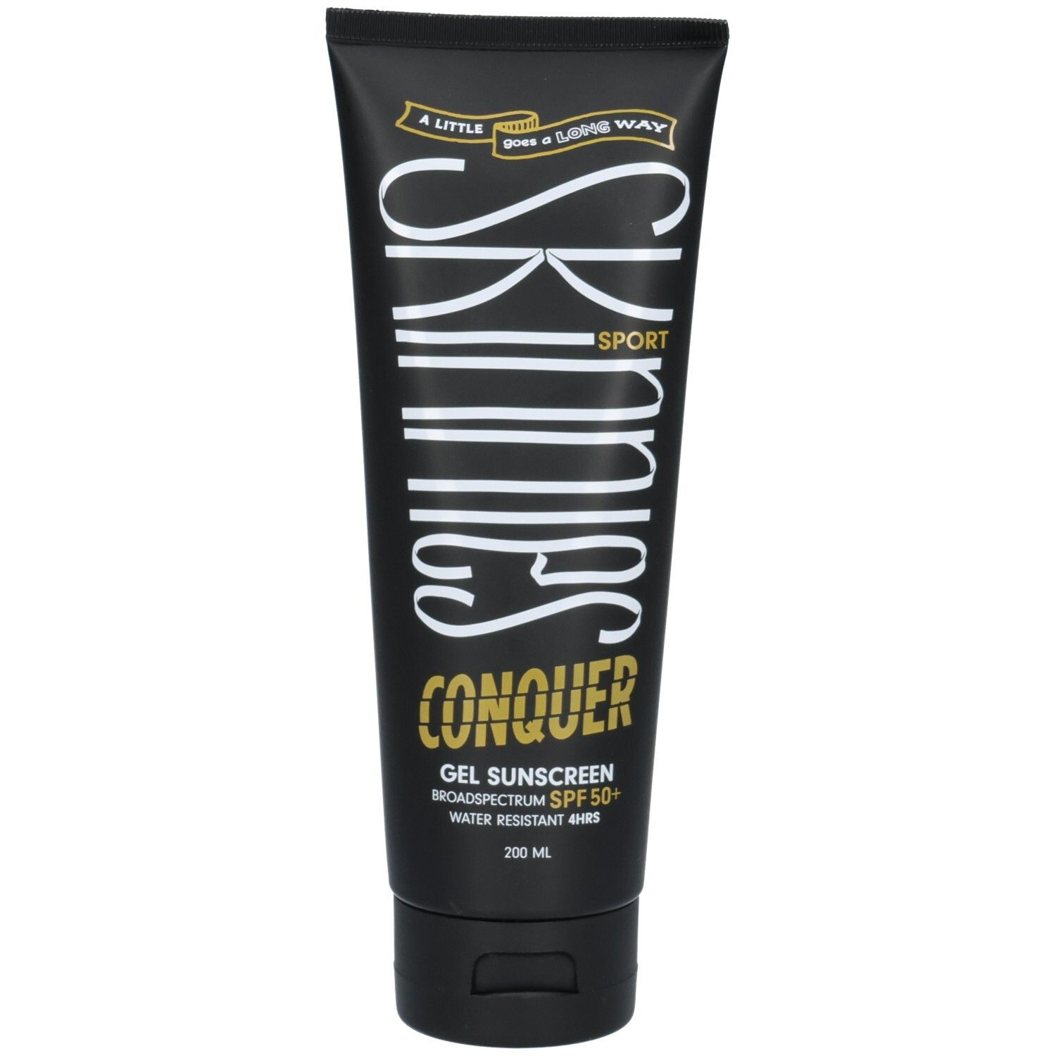 Tube noire avec inscription "SKINNIES CONQUER GEL SUNSCREEN", SPF 50+.