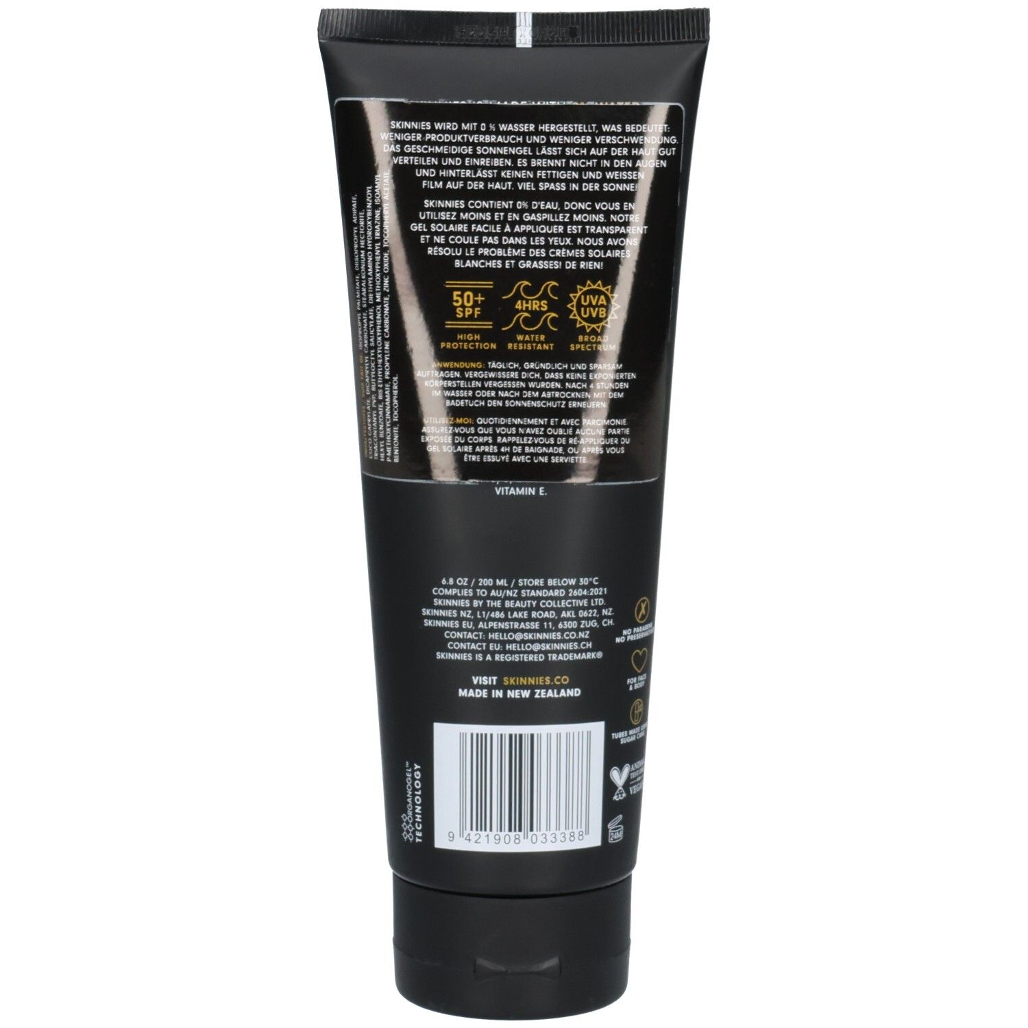 Arrière d'un tube noir avec informations produit et SPF 50+.