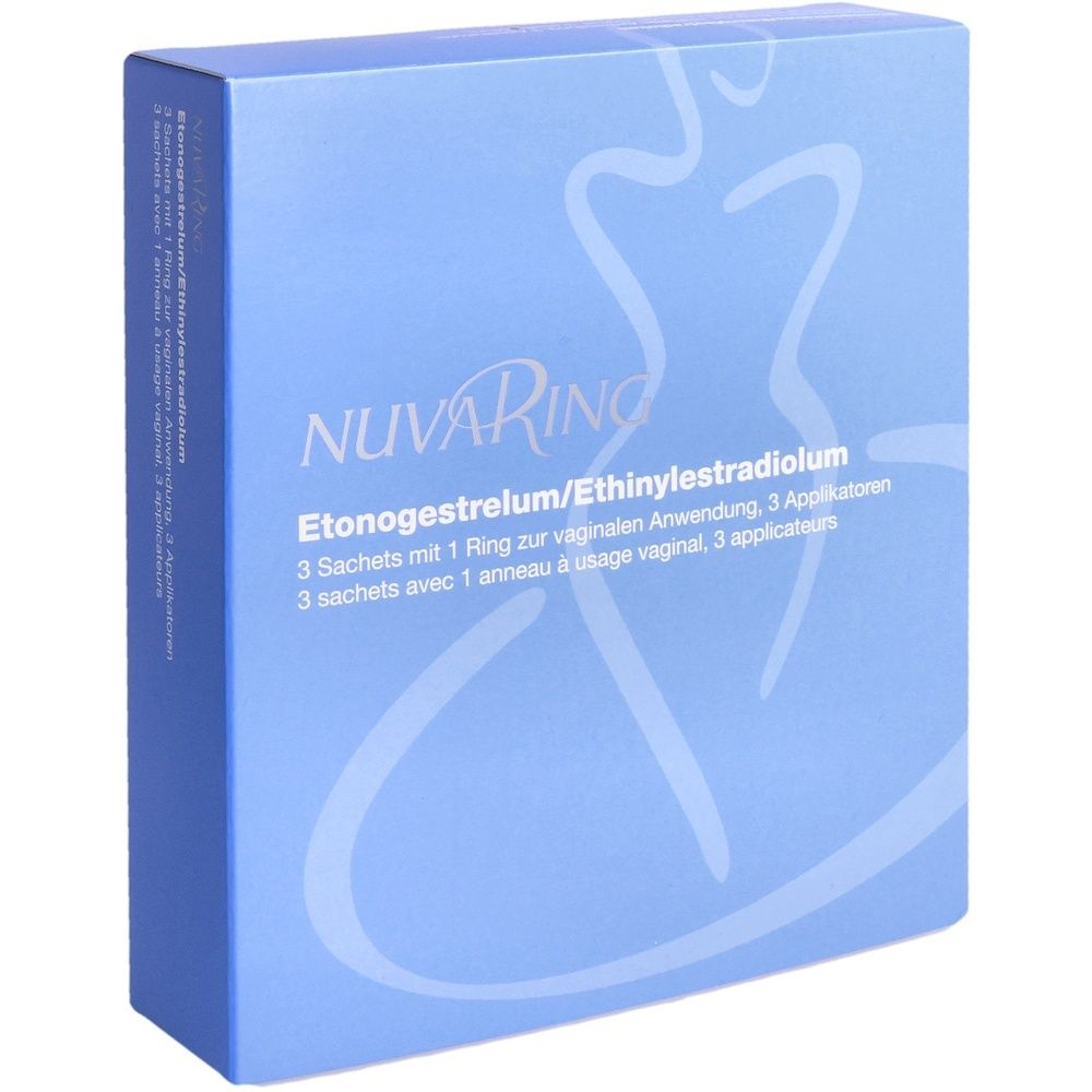 Hellblaue Schachtel mit Produktnamen NUVARING. Text: Etonogestrelum/Ethinylestradiolum, 3 Beutel mit 1 Ring, 3 Applikatoren.