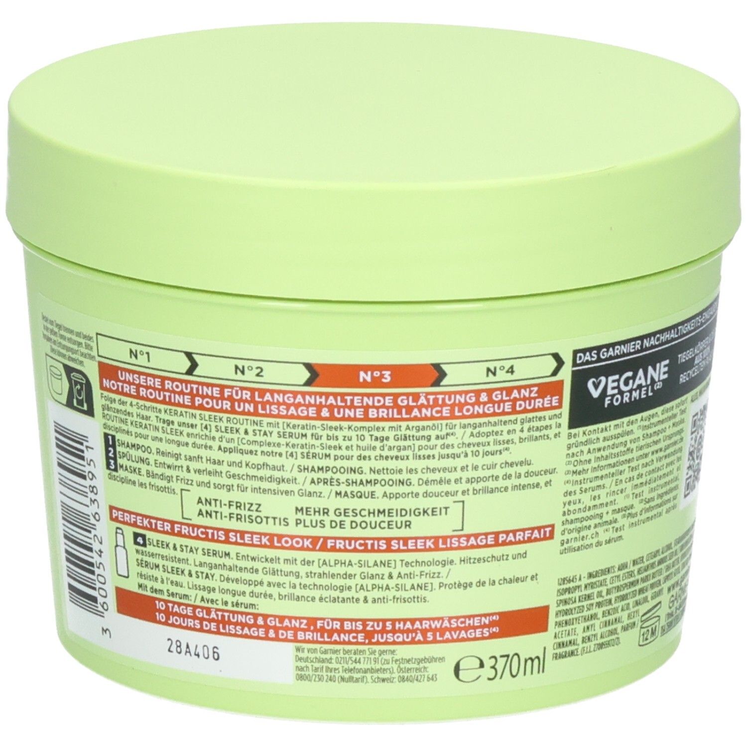 Rückseite des Garnier Fructis Keratin Sleek Masken-Tiegels mit Anwendungsanleitung und Produktinformationen.