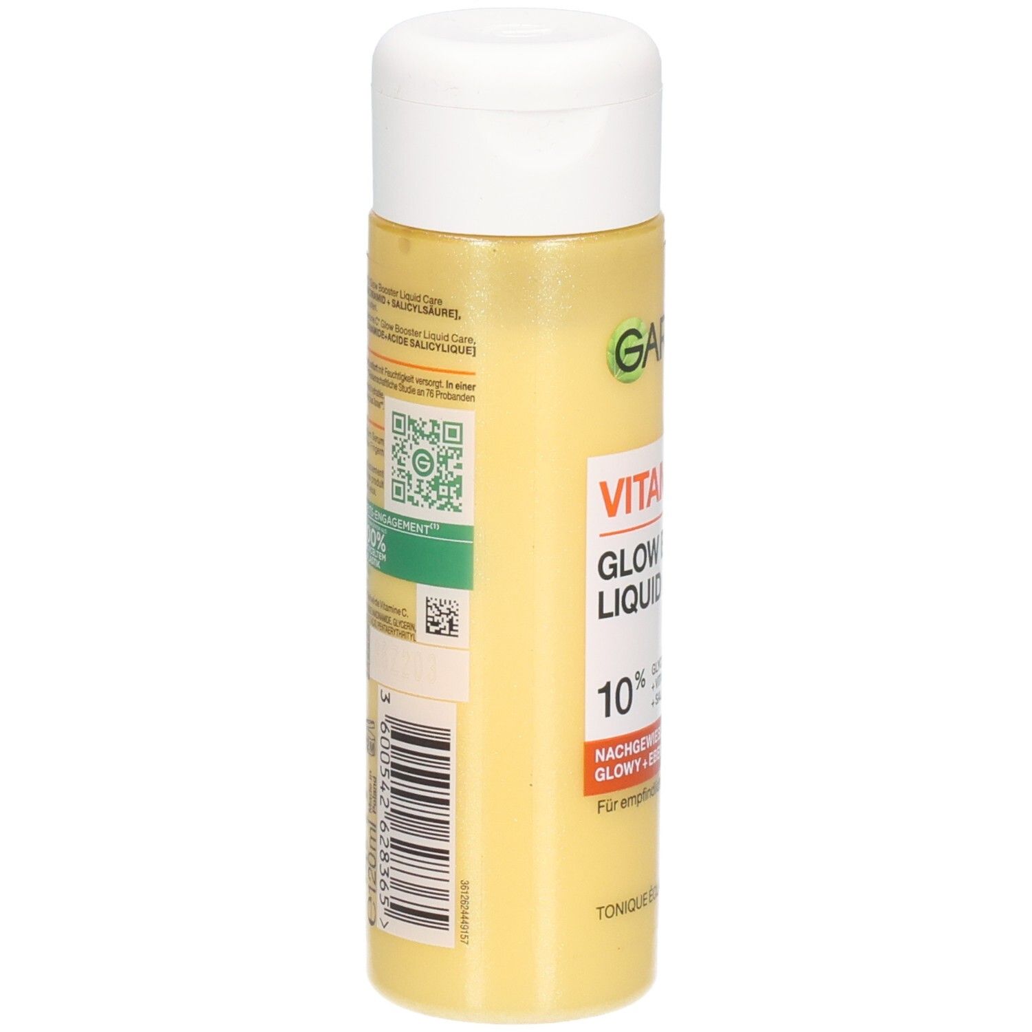 Arrière de la bouteille Garnier Vitamin C Glow Booster Liquid Care avec code-barres et informations produit.