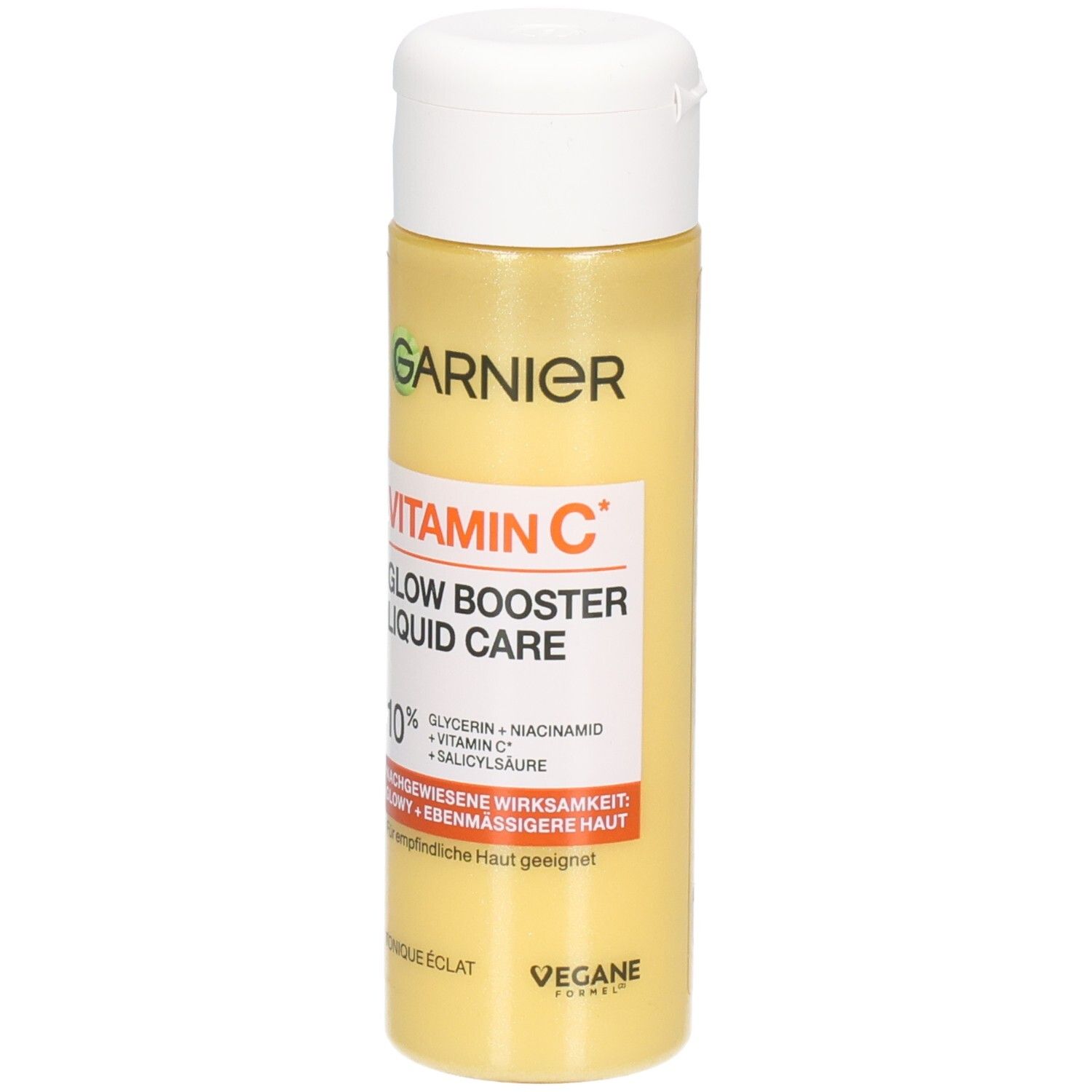 Garnier Vitamin C Glow Booster Liquid Care fluide visage dans une bouteille jaune avec un bouchon rabattable blanc.