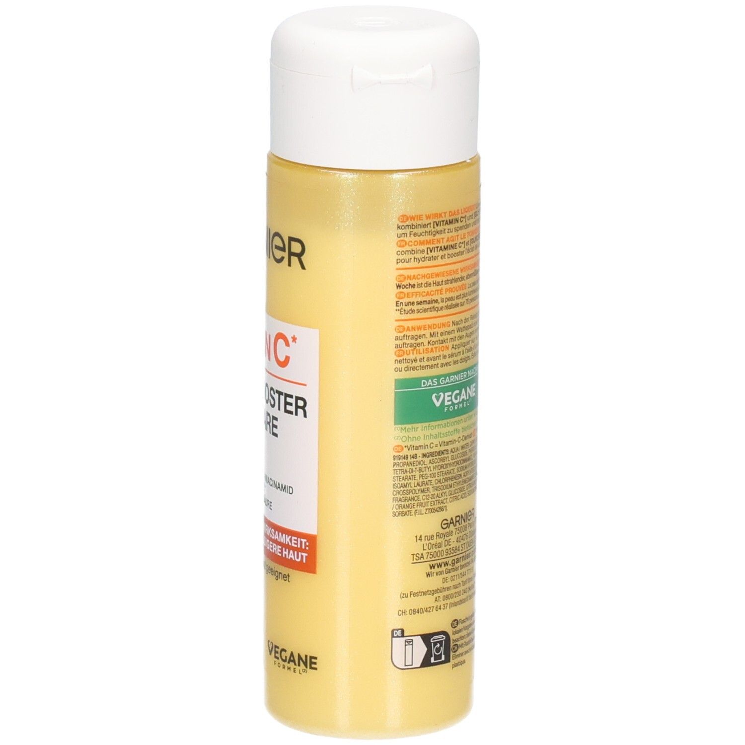 Arrière de la bouteille Garnier Vitamin C Glow Booster Liquid Care avec instructions d'application détaillées.