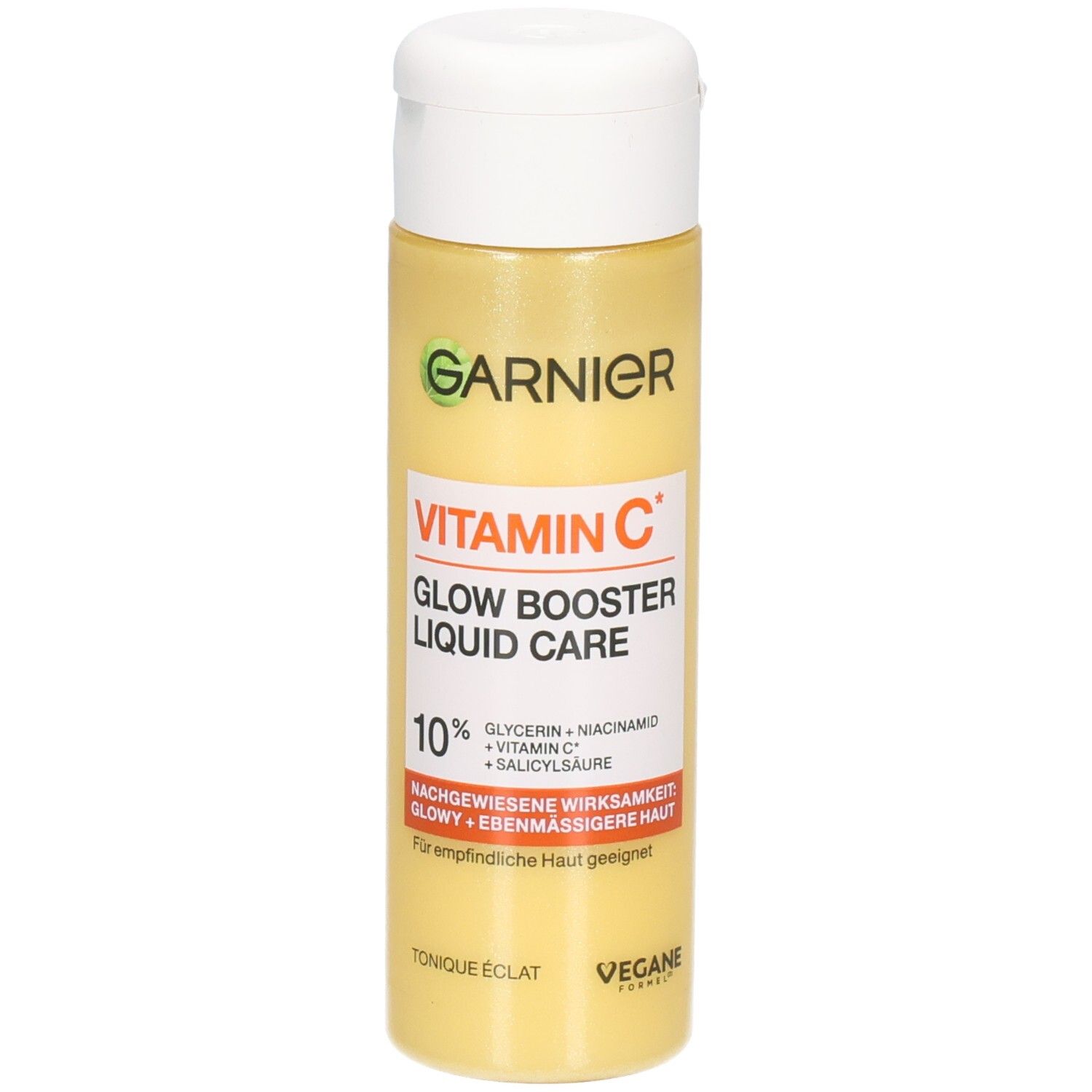 Garnier Vitamin C Glow Booster Liquid Care fluide visage dans une bouteille jaune avec un bouchon rabattable blanc.