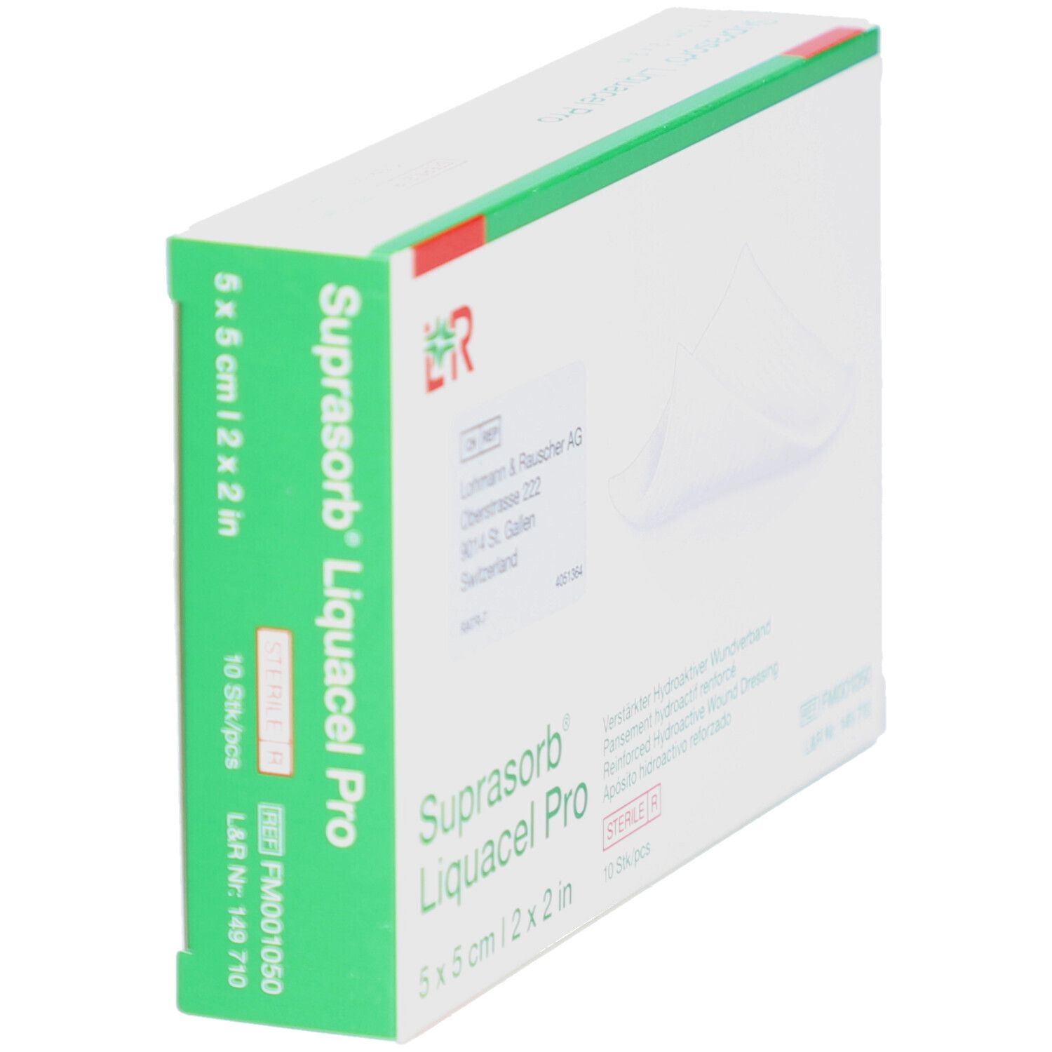 Grüne Verpackung von Suprasorb Liquacel Pro. 5 x 5 cm. 10 Stück. Herstellerinformationen.