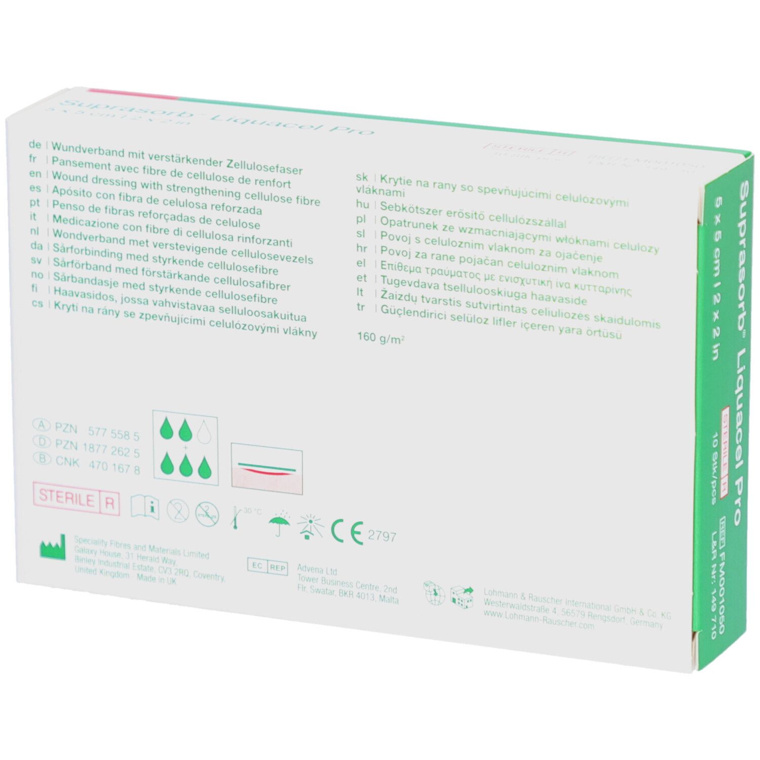 Rückseite der Verpackung von Suprasorb Liquacel Pro. Produktinformationen und Symbole.