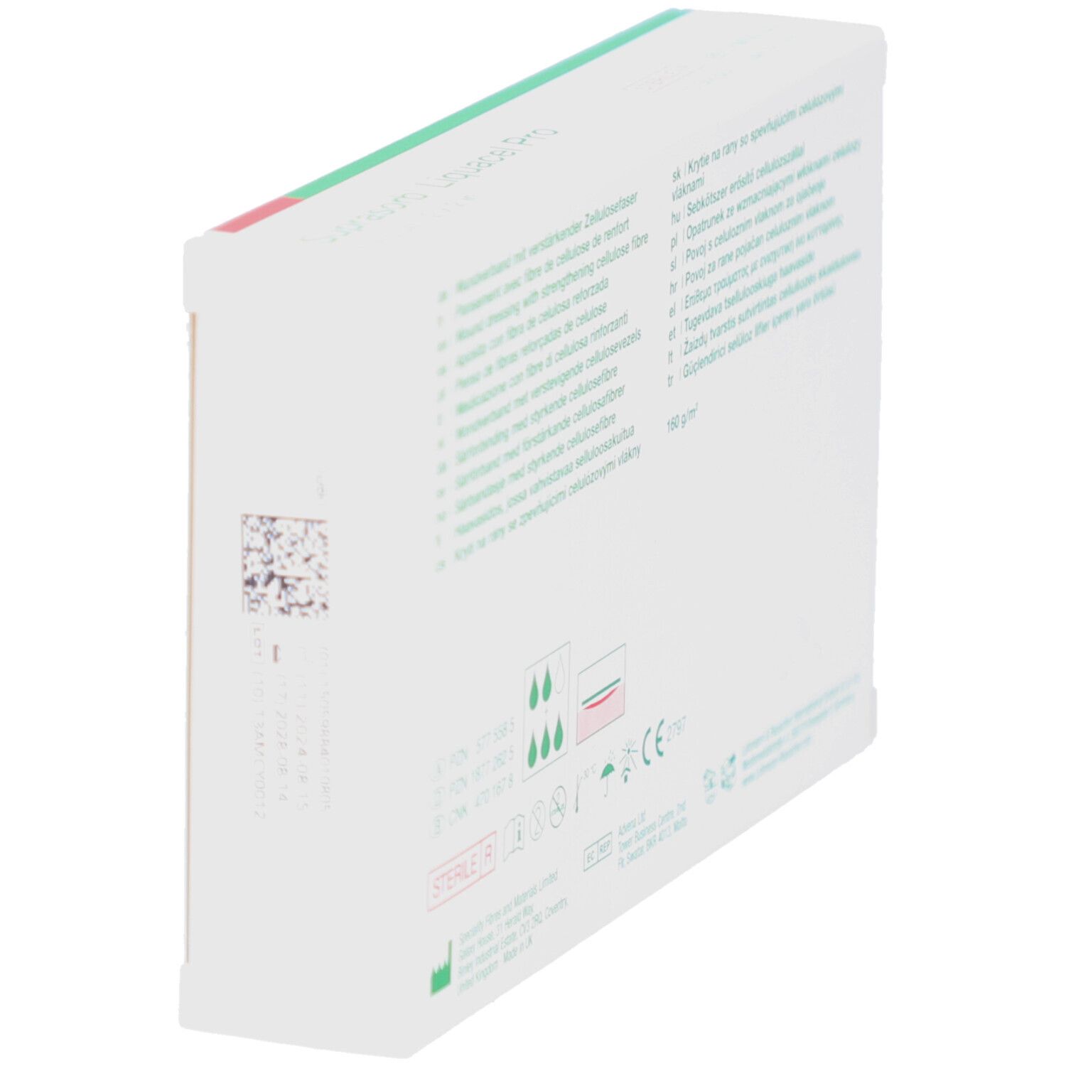 Seitenansicht der Verpackung von Suprasorb Liquacel Pro. Produktinformationen und Symbole.