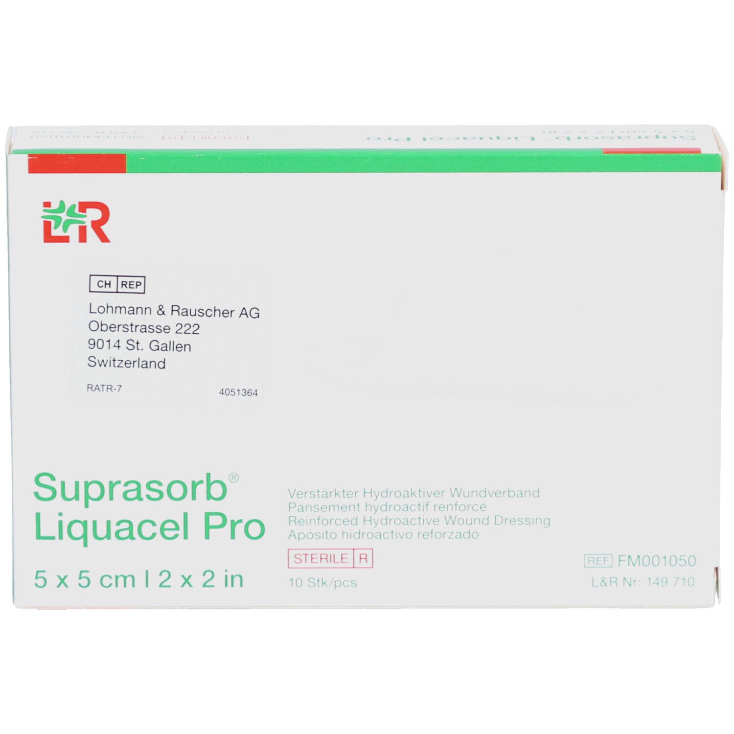 Verpackung von Suprasorb Liquacel Pro. 5 x 5 cm. 10 Stück. Herstellerinformationen und Logo.