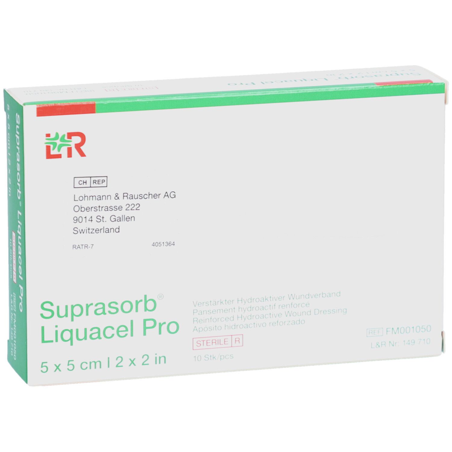 Verpackung von Suprasorb Liquacel Pro. 5 x 5 cm. 10 Stück. Herstellerinformationen und Logo.