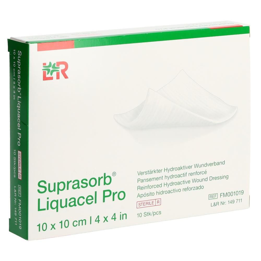 Boîte de Suprasorb Liquacel Pro, 10x10 cm, 10 pièces. Boîte verte et blanche avec nom et logo du produit. Pansement stérile.