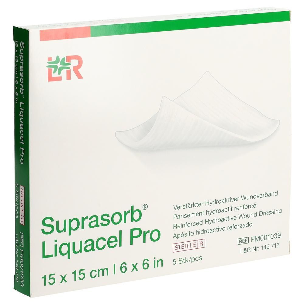 Verpackung von Suprasorb Liquacel Pro, 15x15 cm. Hydroaktiver Wundverband. 5 Stück. Steril.