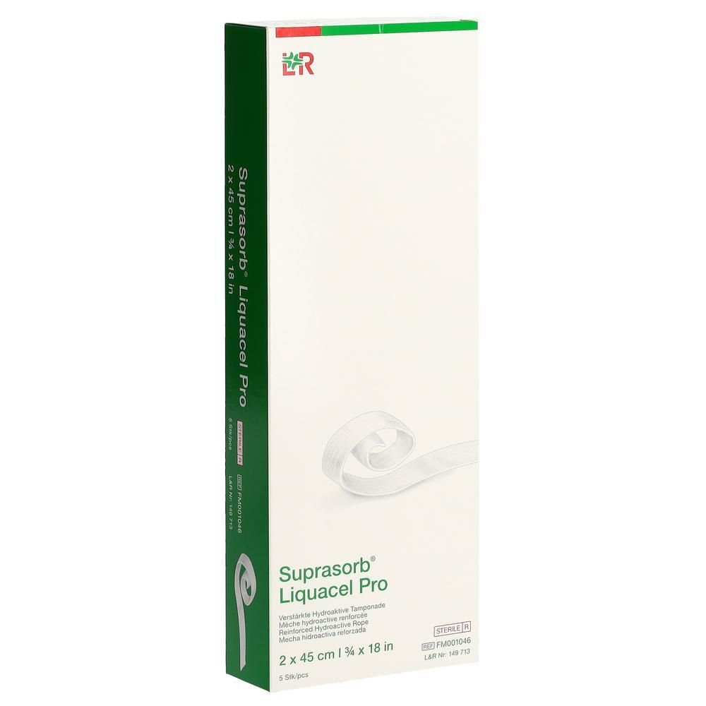 Verpackung von Suprasorb Liquacel Pro. Grün-weiße Schachtel mit Produktinformationen und Logo. Größe: 2 x 45 cm.